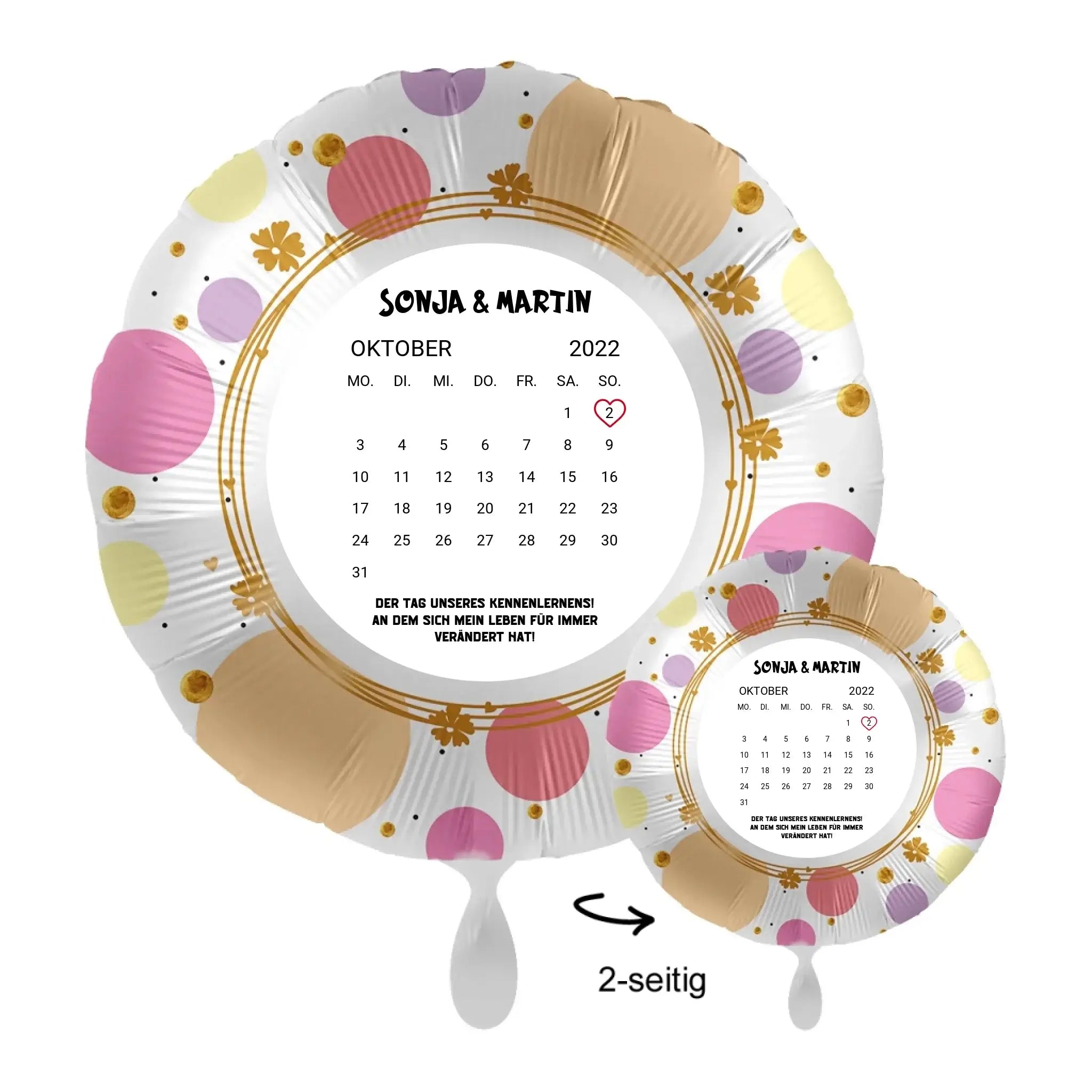 Personalisierbarer kalender luftballon 43 cm in pastellfarben mit goldakzenten und punktemuster