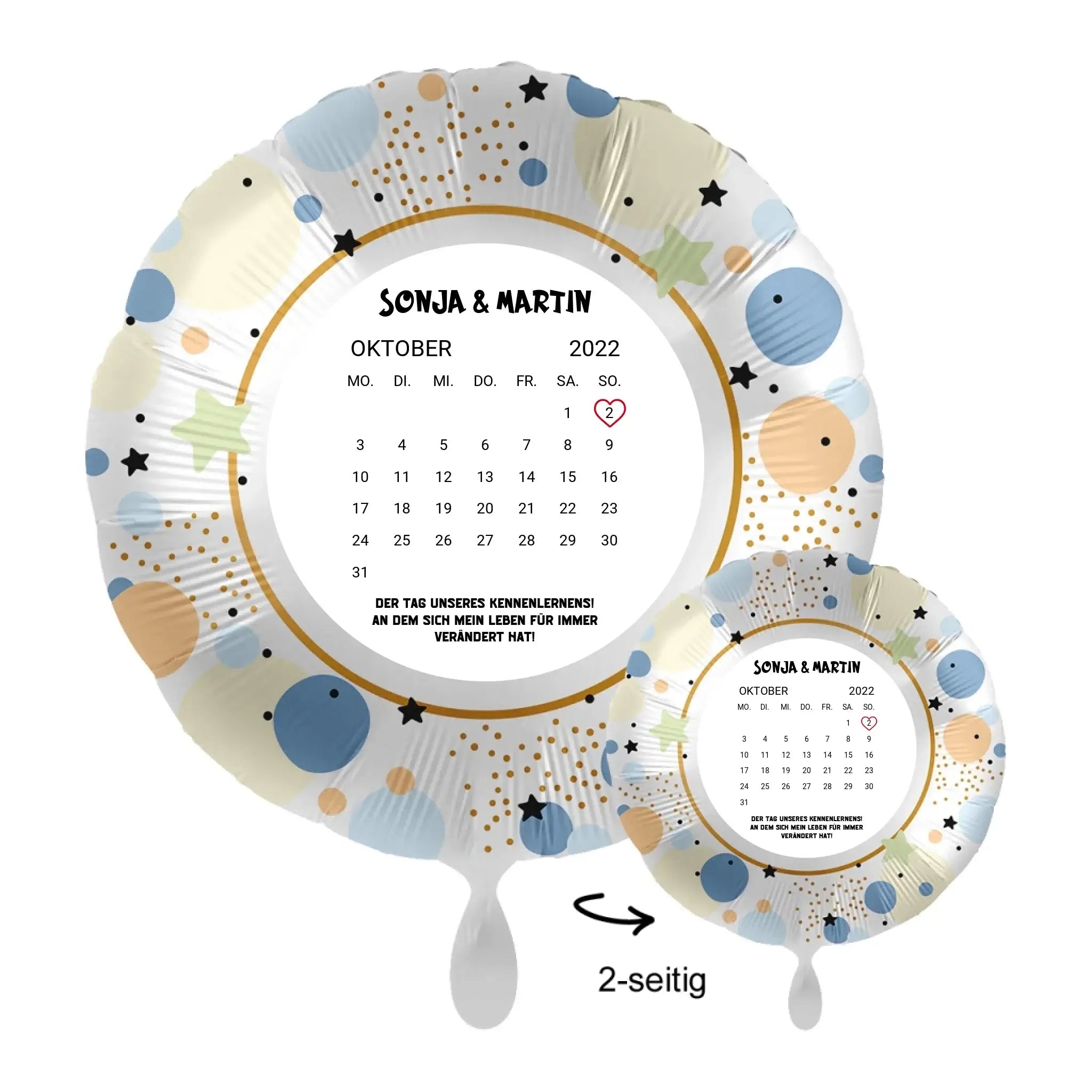 Personalisierbar kalender 43cm luftballon mit oktober 2022 kalender blau beige punkte gold glitzer und namen sonja und martin