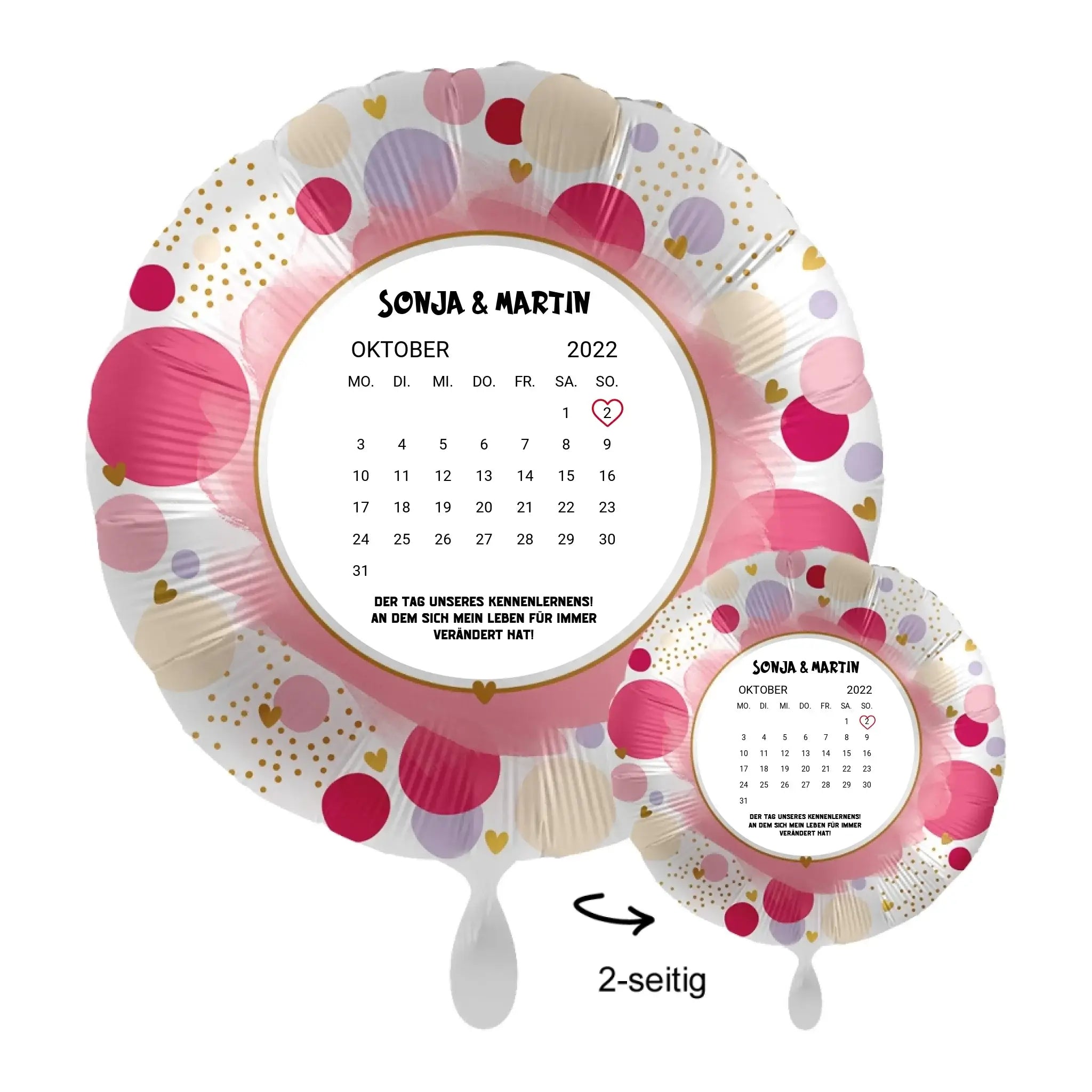 Personalisierbarer kalender luftballon aus folie in pink und lila mit punkten für sonja und martin oktober 2022