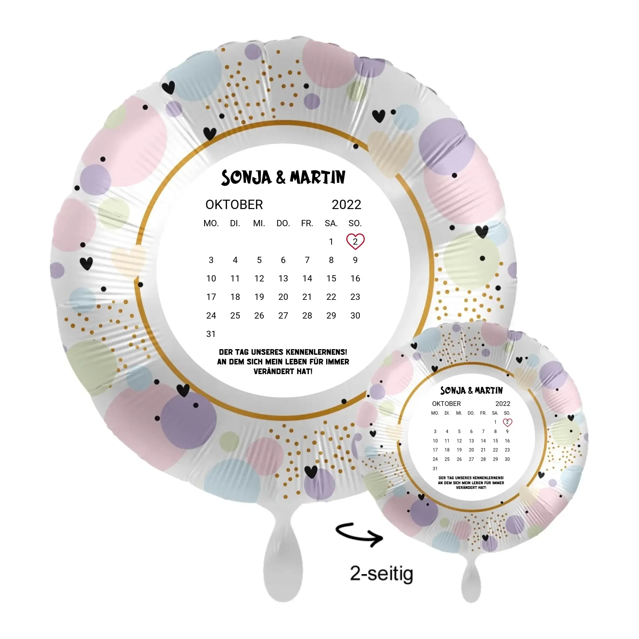 Personalisierbar kalender luftballon 43cm mit pastellfarbenem oktober 2022 zeitplan goldakzenten und herzmotiven