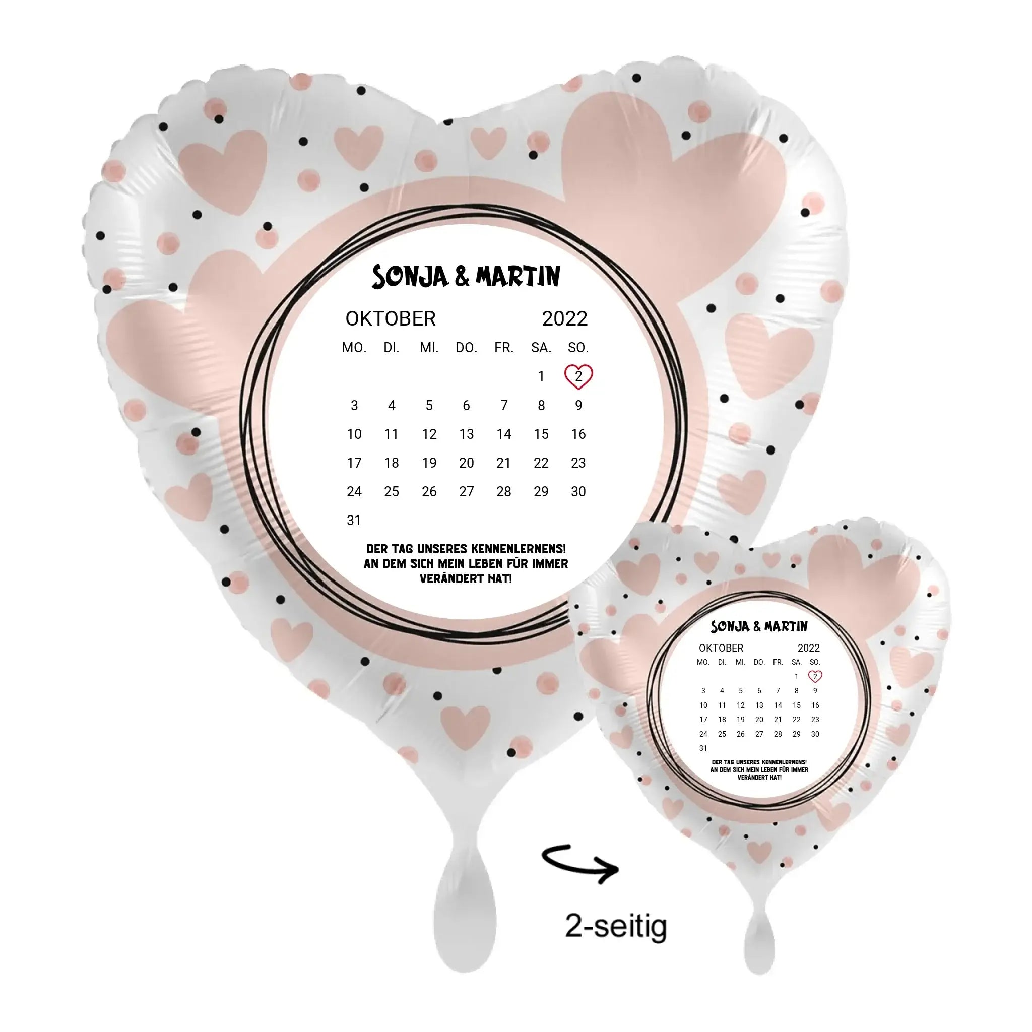 Personalisierbar kalender herz luftigballon weiß mit pinken herzen und schwarzen punkten oktober 2022 für sonja und martin