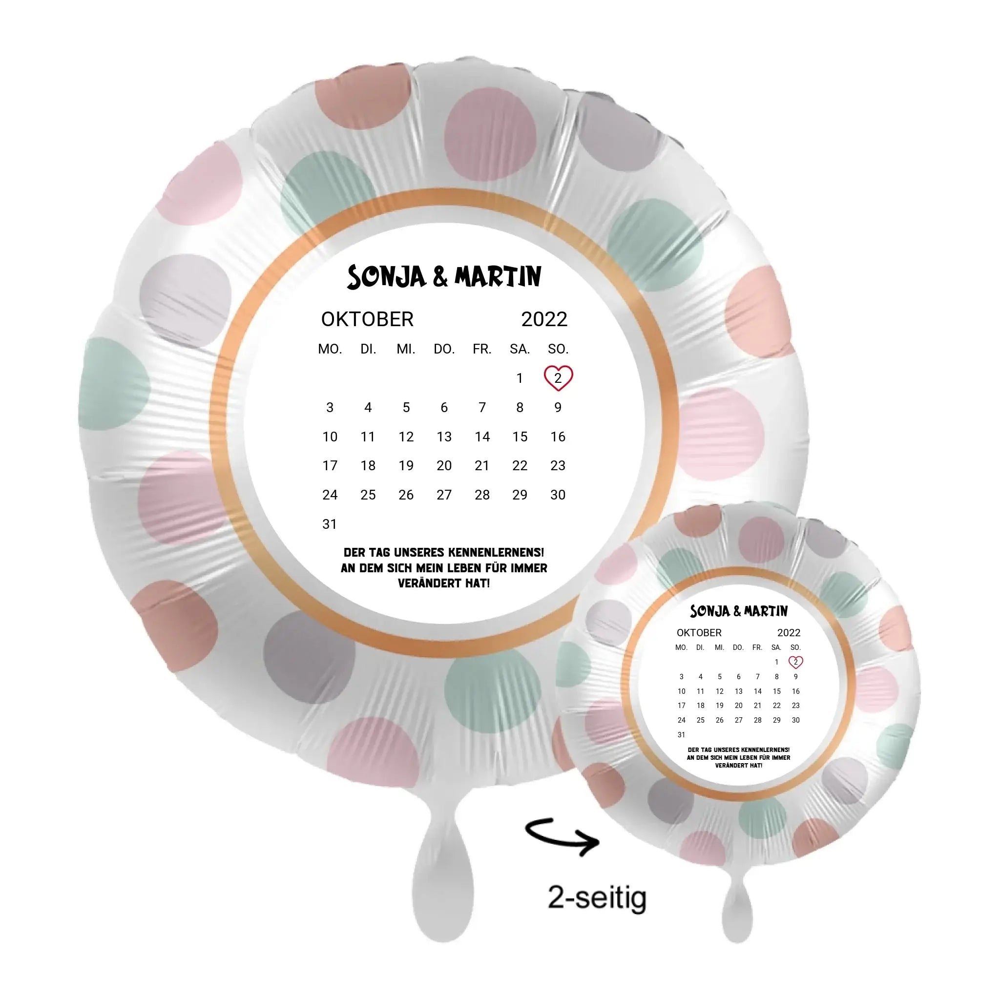 Weiß gepunkteter folienballon 43 cm mit personalisierbarem oktober 2022 kalender für sonja und martin