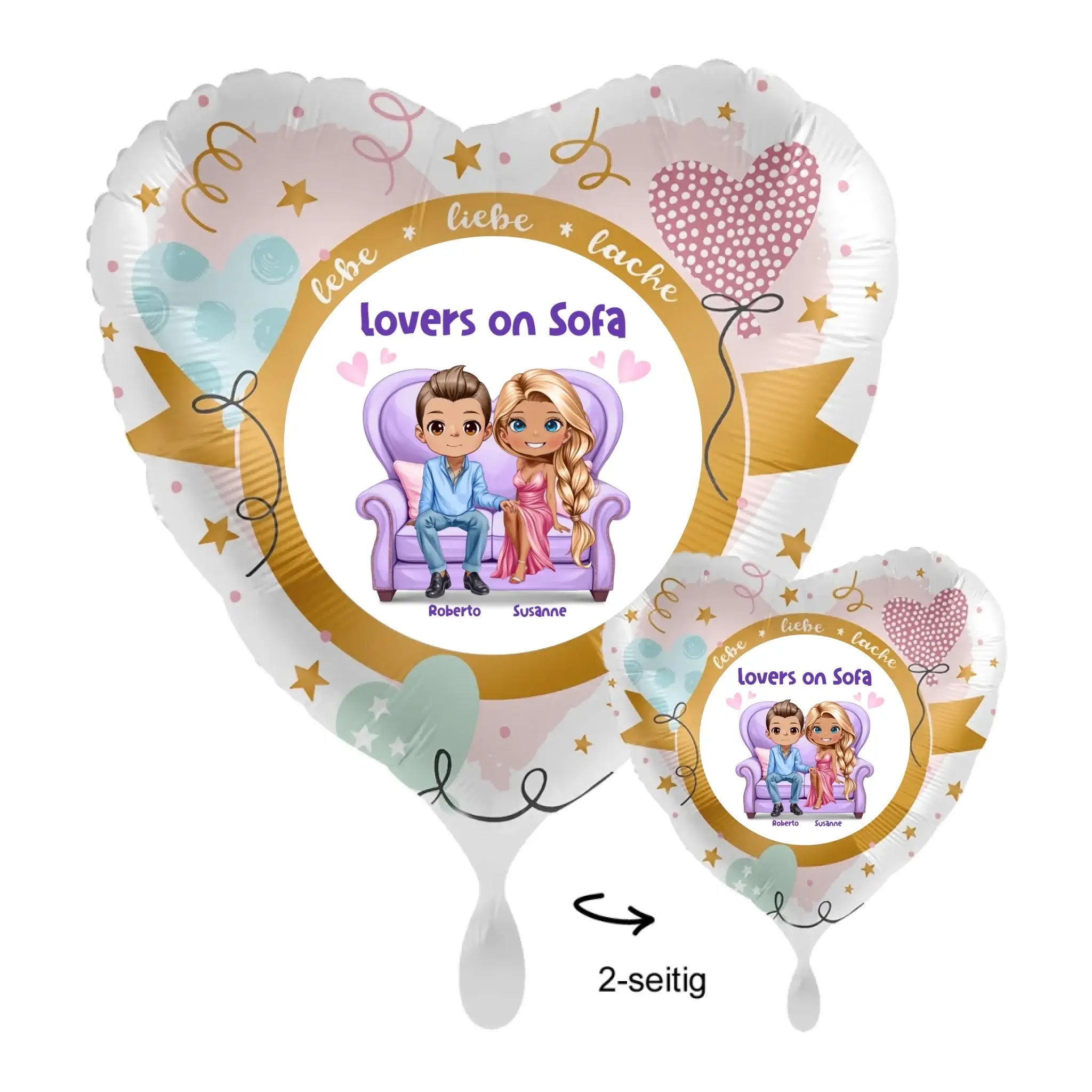 Personalisierbar herzförmiger luftballon aus folie mit cartoon paar auf violettem sofa und pastellfarbenem design