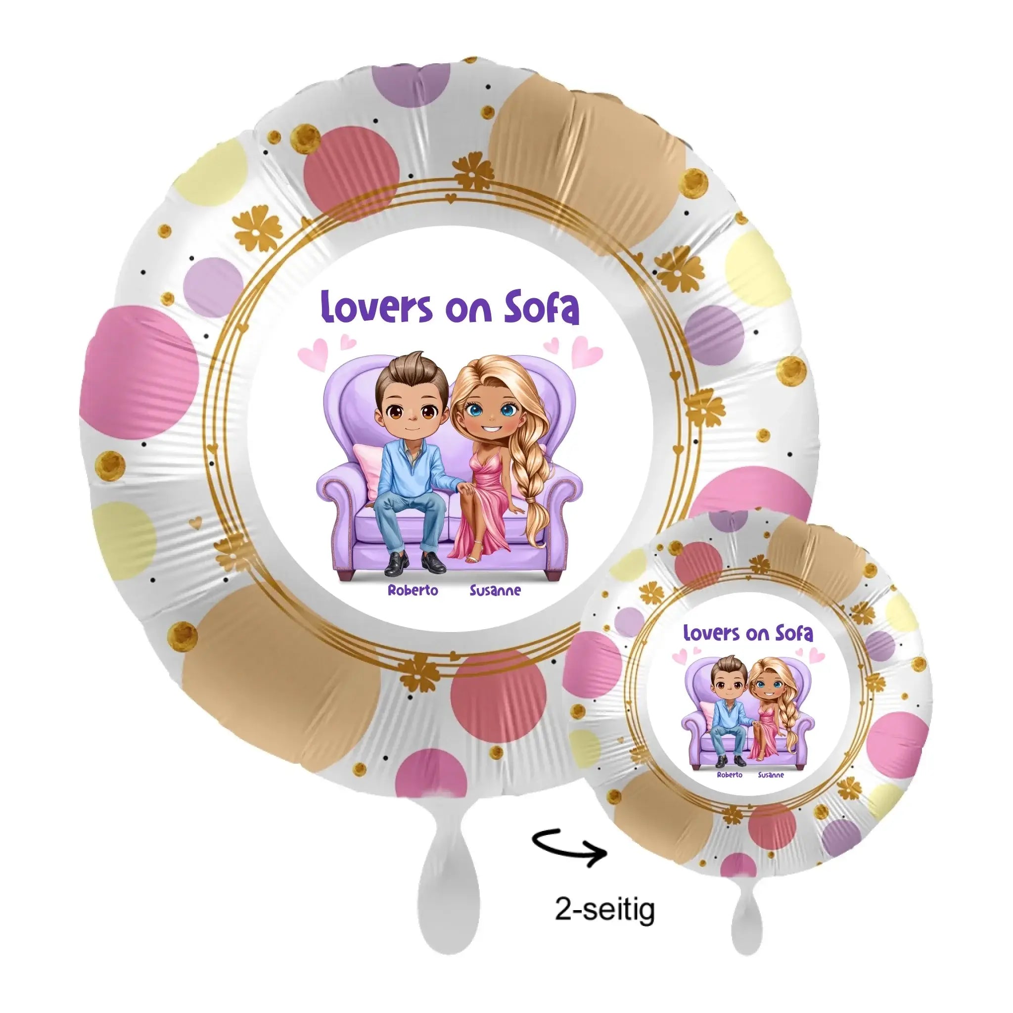 Personalisierbarer weißer 43cm luftballon aus folie mit goldpunkten und cartoonpaar auf violettem sofa unter lovers on sofa text