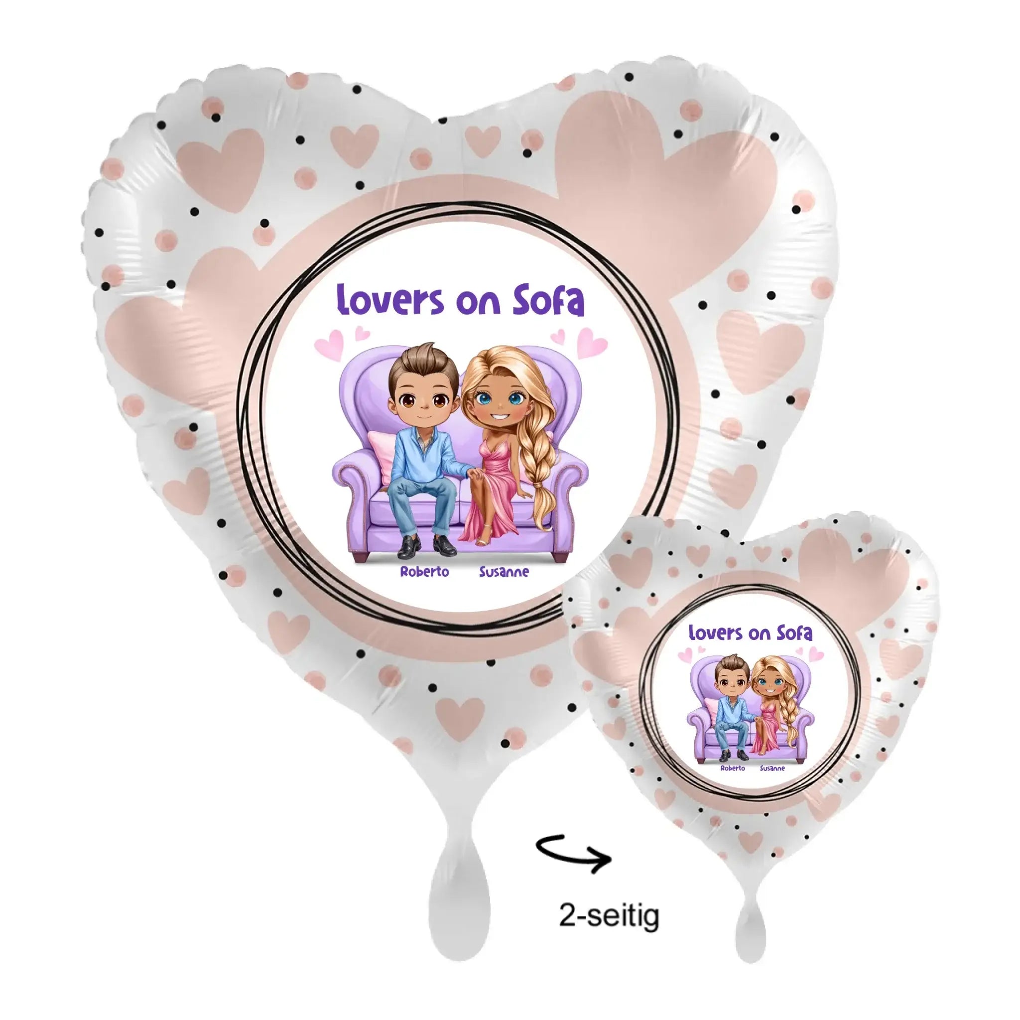 Personalisierbarer herzförmiger folieballon 43 cm mit rosa weißen punkten und liebespaar auf sofa für roberto und susanne