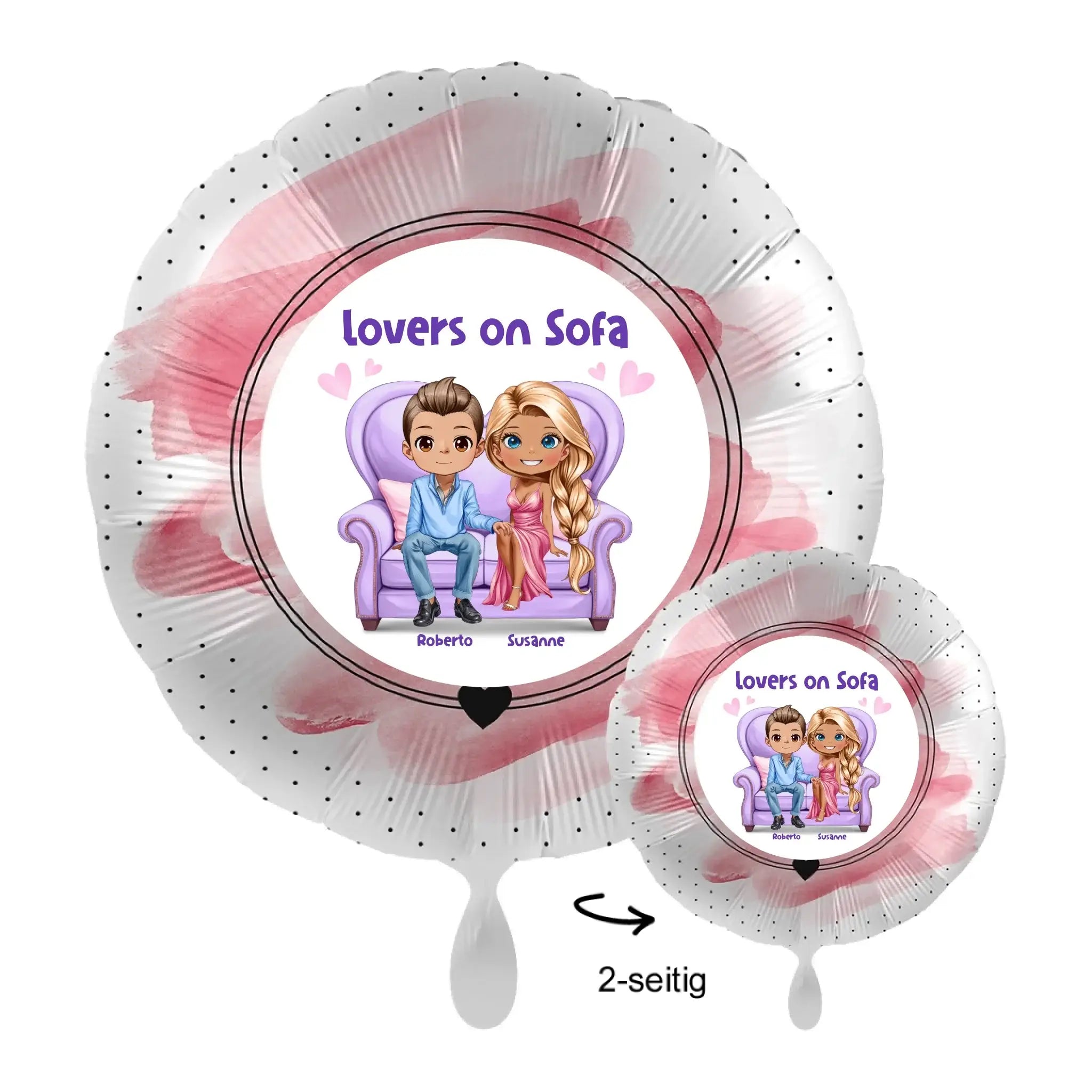 Personalisierbarer pink weißer Folienballon 43cm mit Cartoonpaar auf lila Sofa und Text lovers on sofa