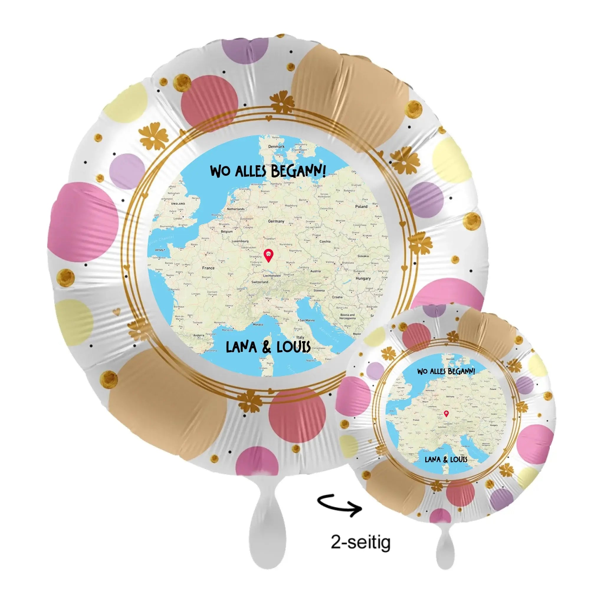 Personalisiere zwei-seitiger folie luftballon 43cm mit europa karte pastel punkte und gold blumen dekoration