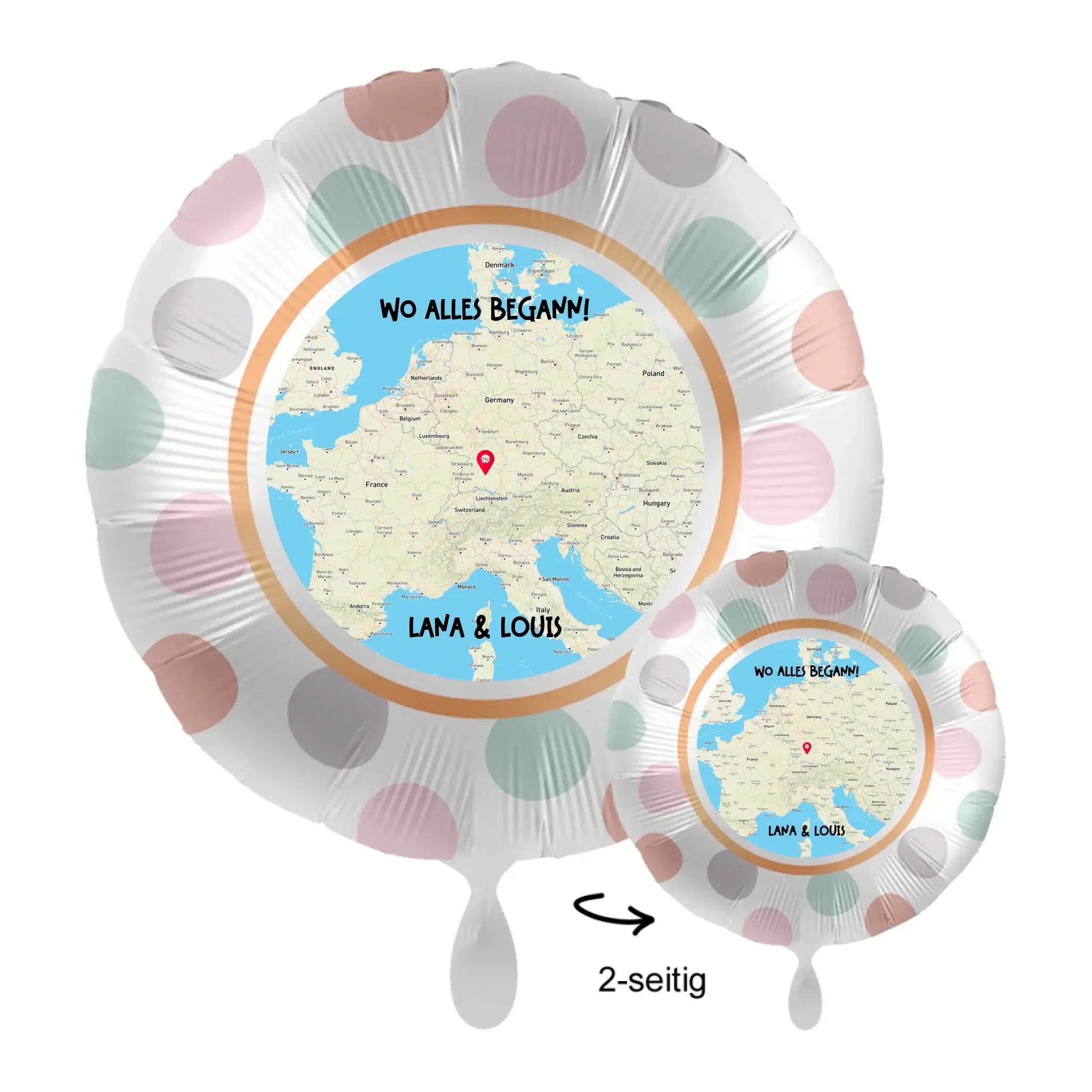 Personalisierbarer 43cm luftballon weiß mit pastellfarbigen punkten und europa karte zentriert auf deutschland mit text wo alles begann lana und louis