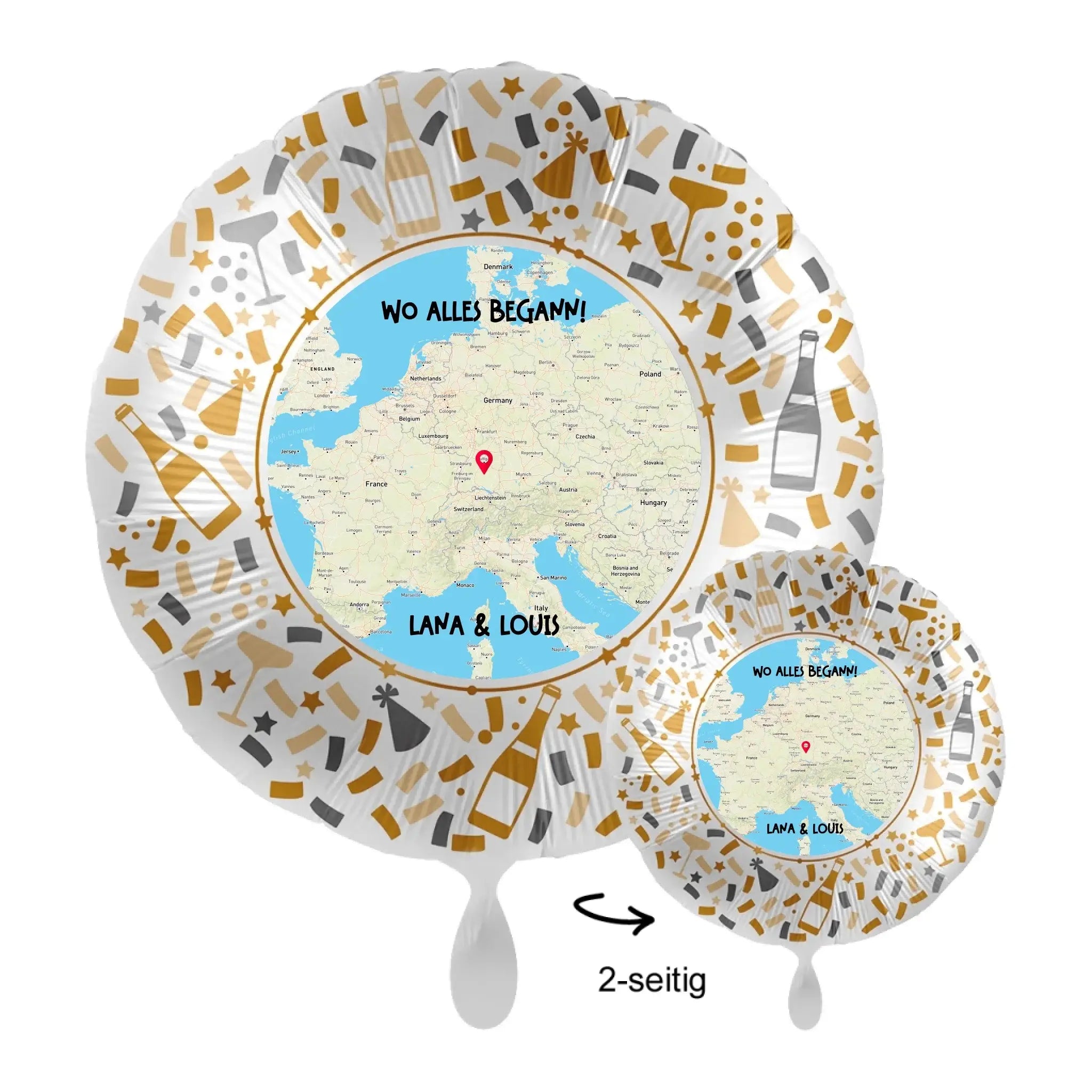 Gold und silber champagner folienballon mit personalisierbarer europa karte und individuellen namen 43cm