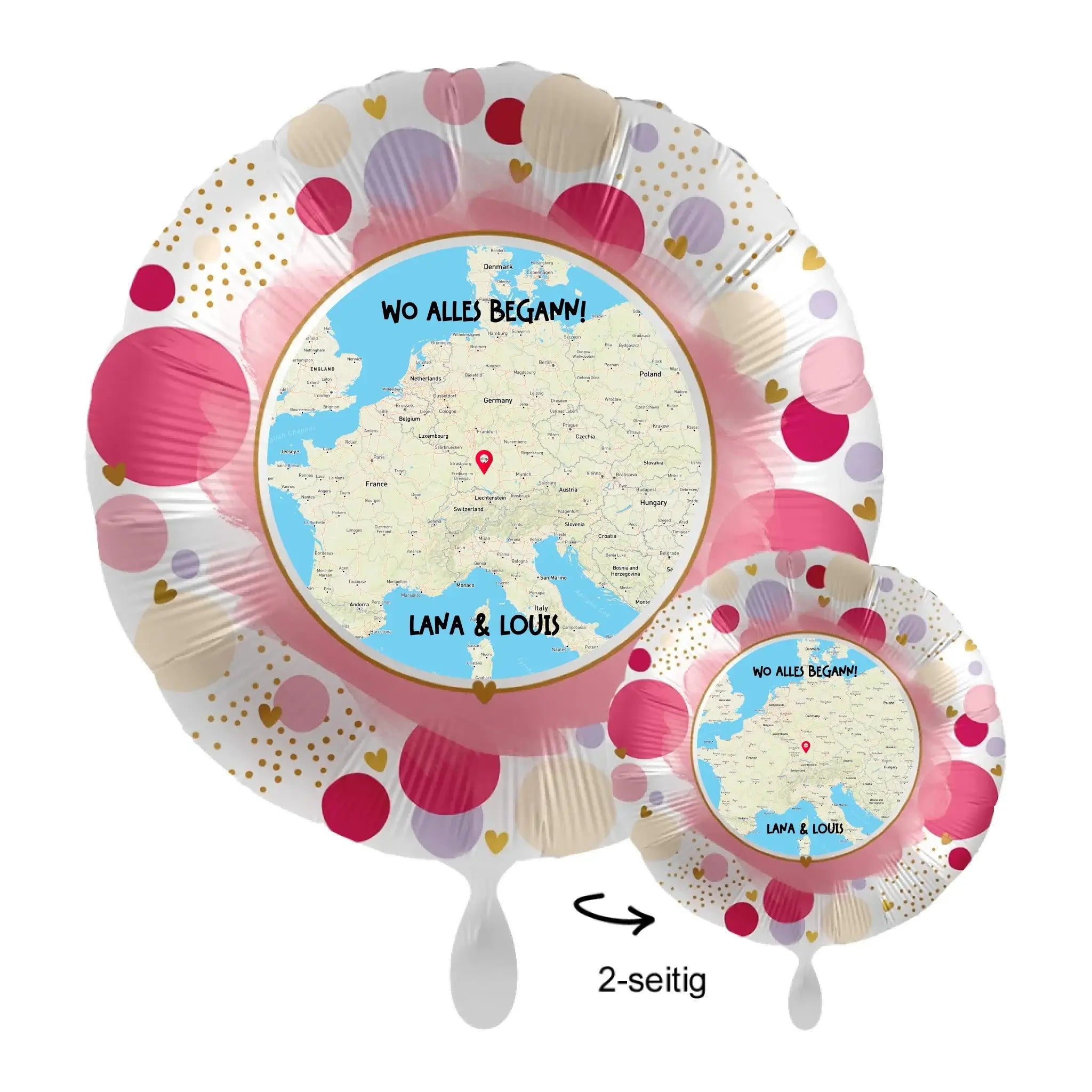 Personalisierbarer rosa gold gepunkteter folieballon mit karte text wo alles begann und namen lana & louis