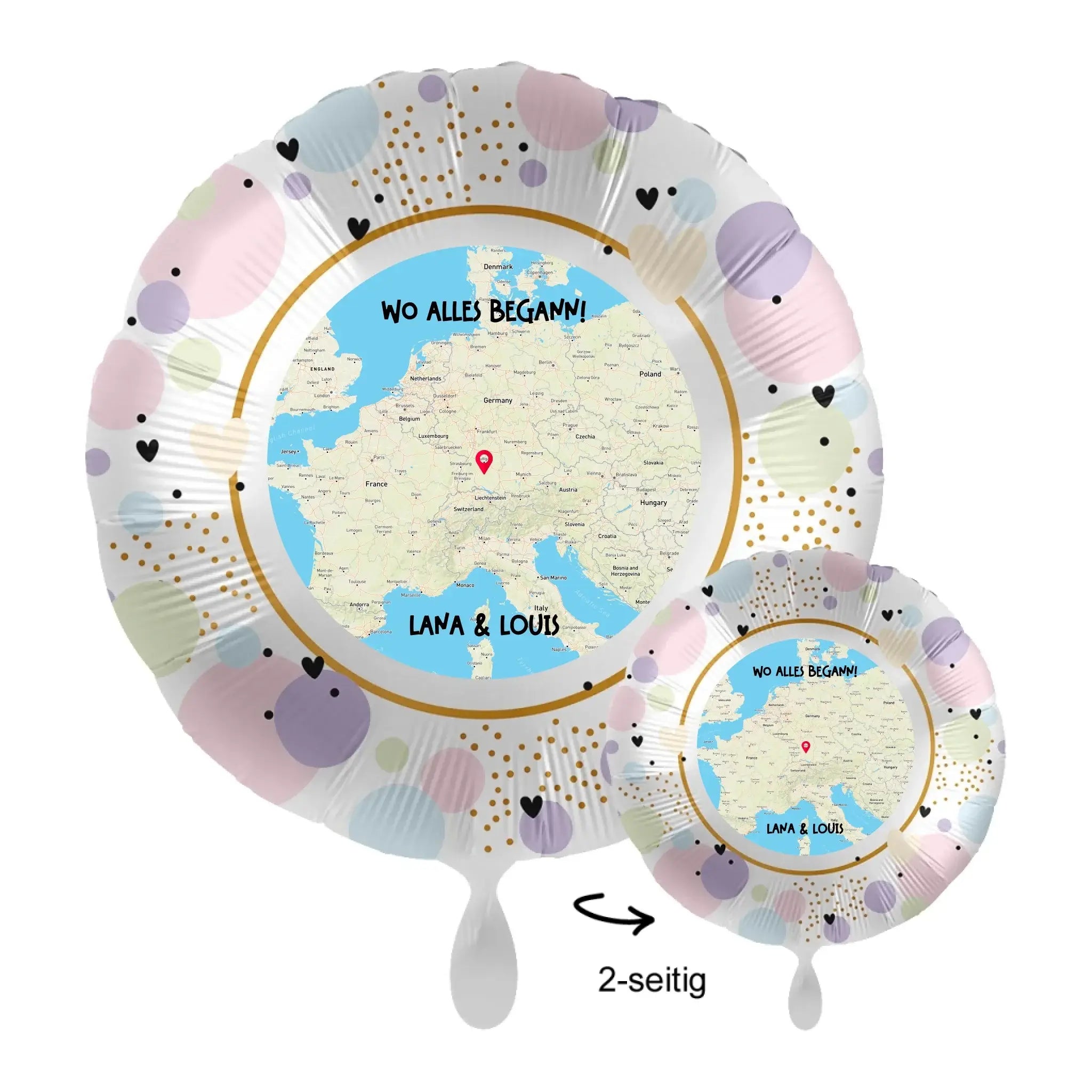 Pastellfarbener beidseitiger 43cm folieballon mit europa karte und namen lana und louis personlisierbar