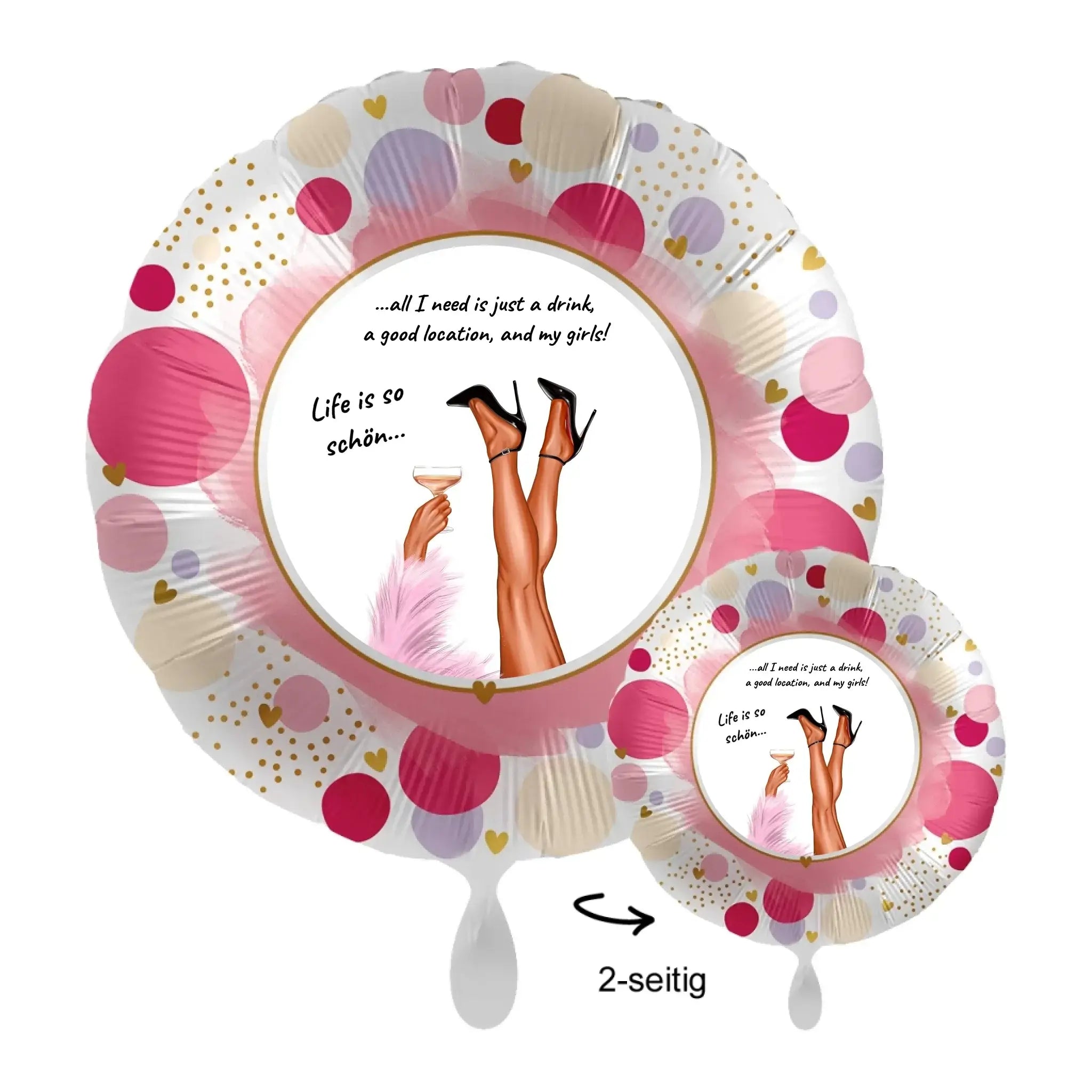Personalisierbarer party luftballon 43cm aus folie in rosa und gold mit punkten und illustrationen von beinen mit cocktailglas
