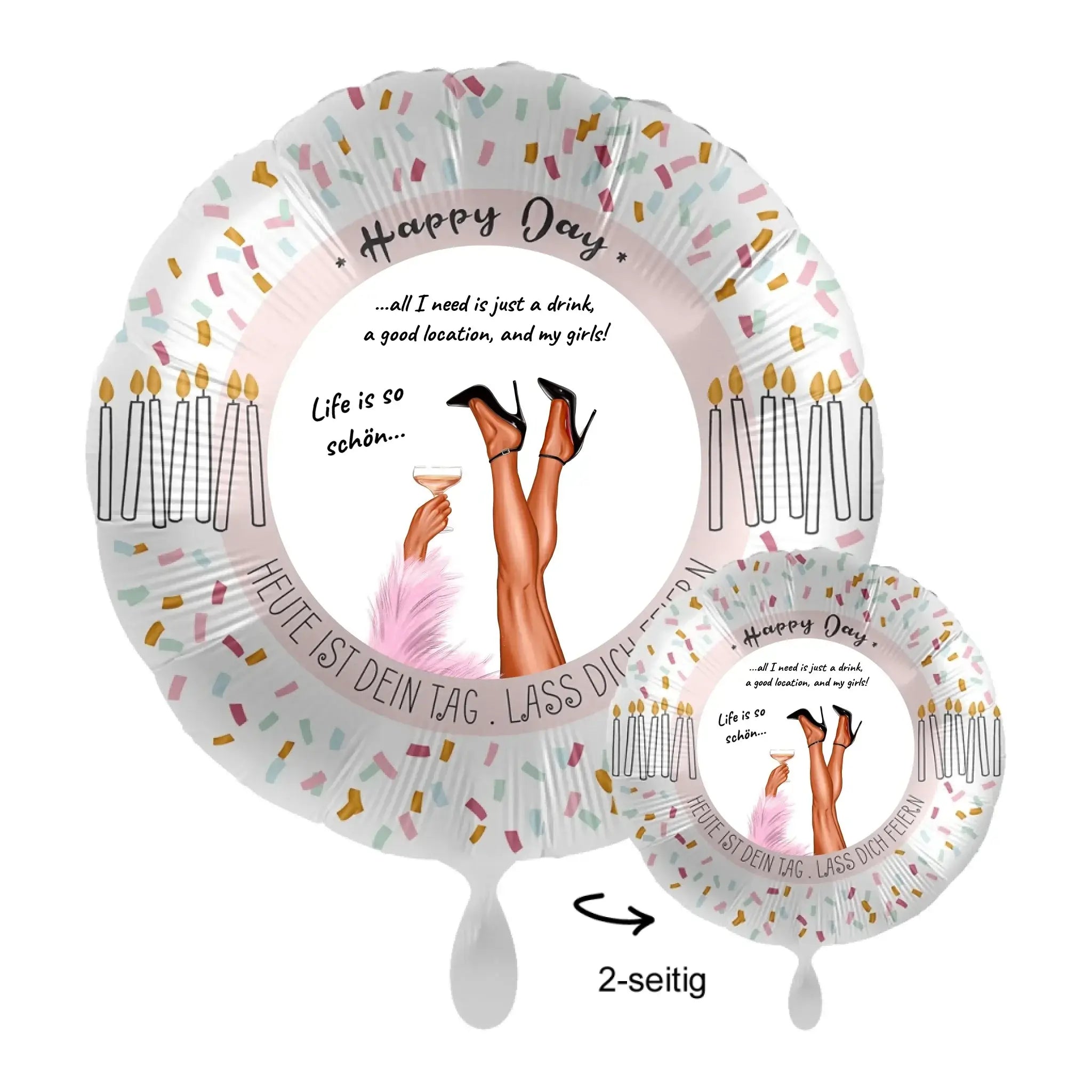 Personalisierbarer party legs luftballon aus folie mit confetti und kerzen motiv und beinen in high heels