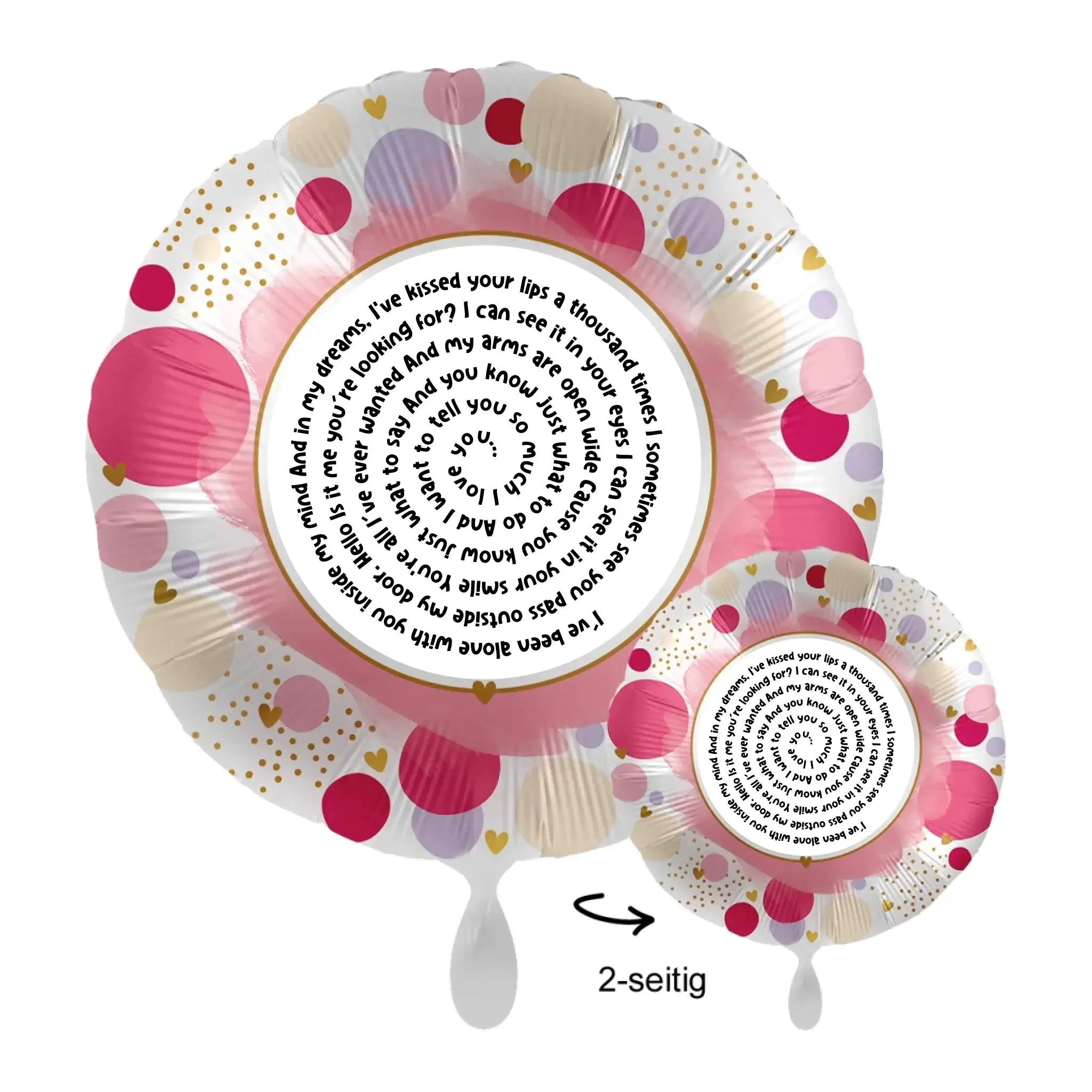 Personalisierbarer pink weißer spiraltext luftballon mit romantic text goldenen punkten und herzmotiven 43cm