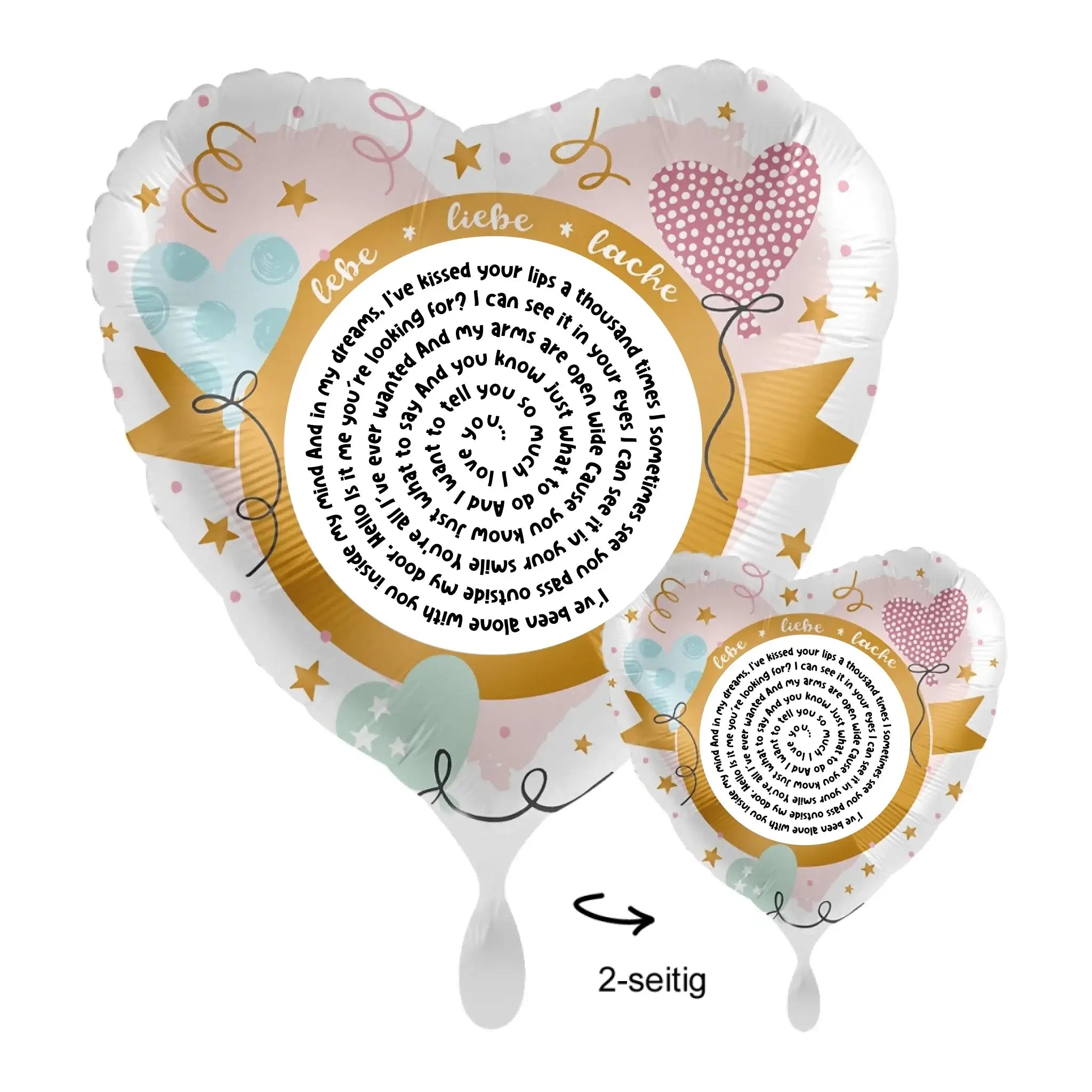 Personalisierbarer herzförmiger folieballon mit spotify songtext oder wunschtext in pastellrosa gold mit glitzer und herzmuster
