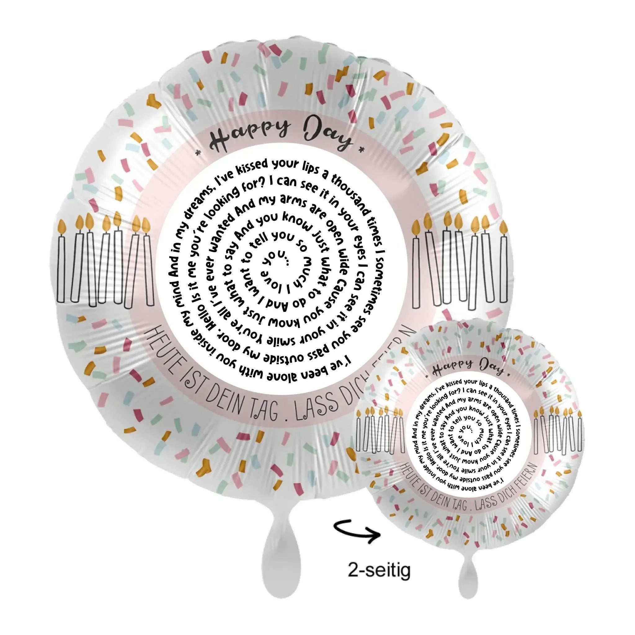 Weißer zweiseitiger 43cm spiraltext luftballon mit farbigem konfetti und kerzenmotiv personalisierbar mit spotify songtext oder wunschtext