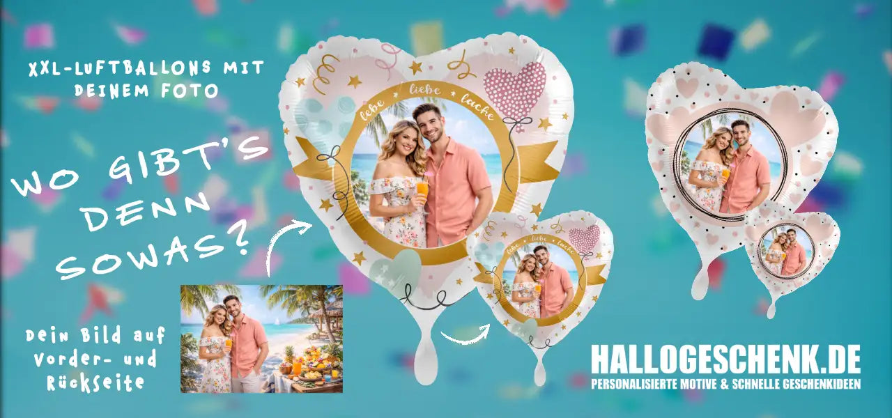Herzförmige, transparente Fotoballons mit goldenen und pinken Akzenten.