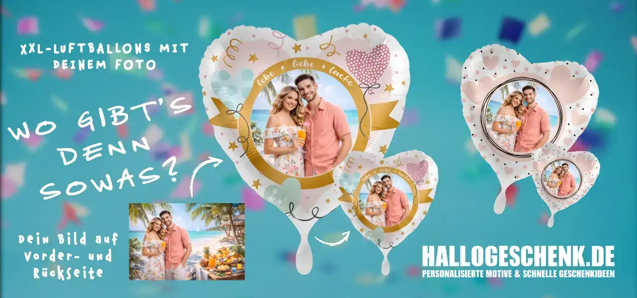 Herzförmige, transparente Fotoballons mit goldenen und pinken Akzenten.