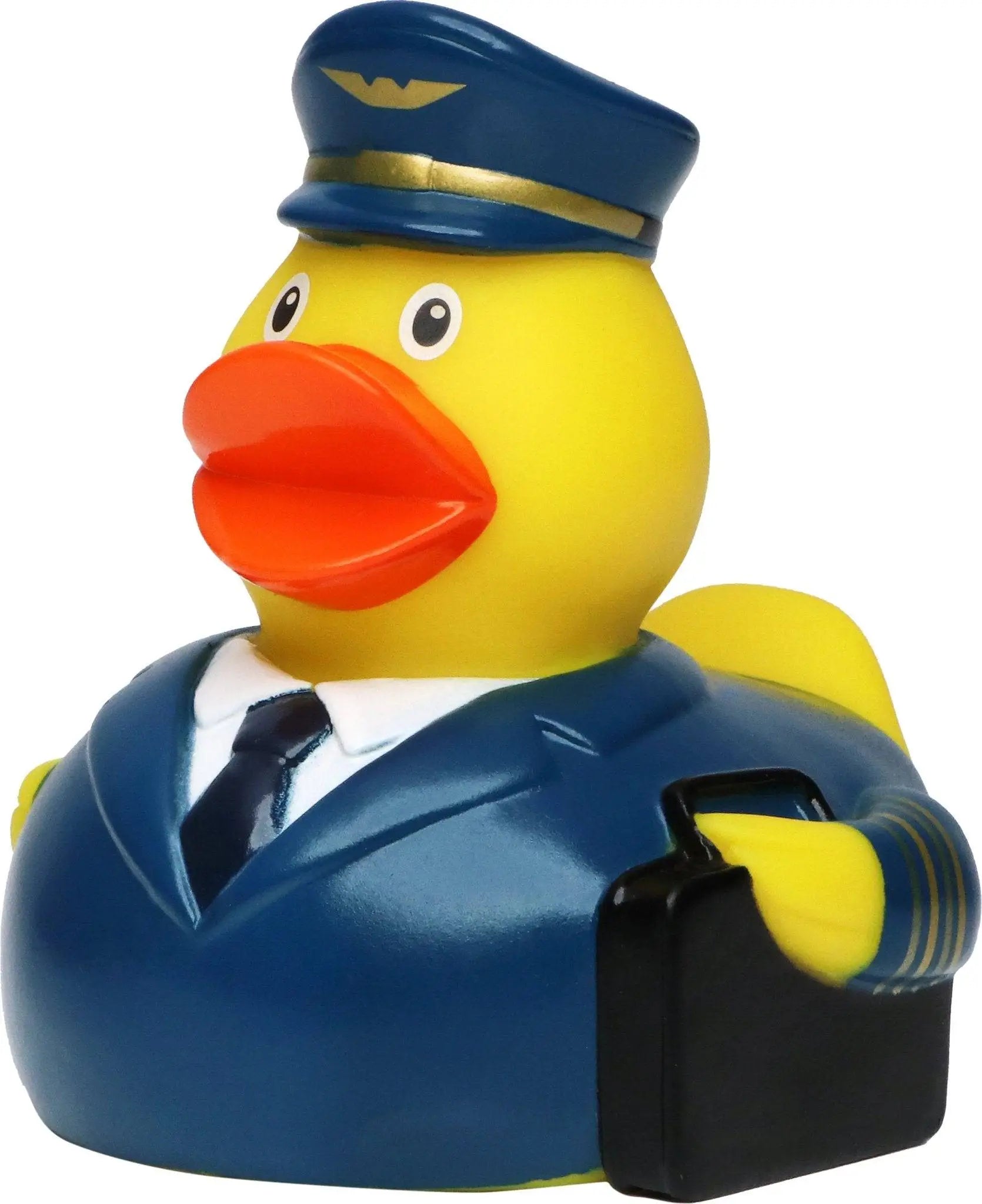 Gelbe quietsche-ente als pilot in blauem uniform mit goldbesatz und schwarzer aktentasche zum baden