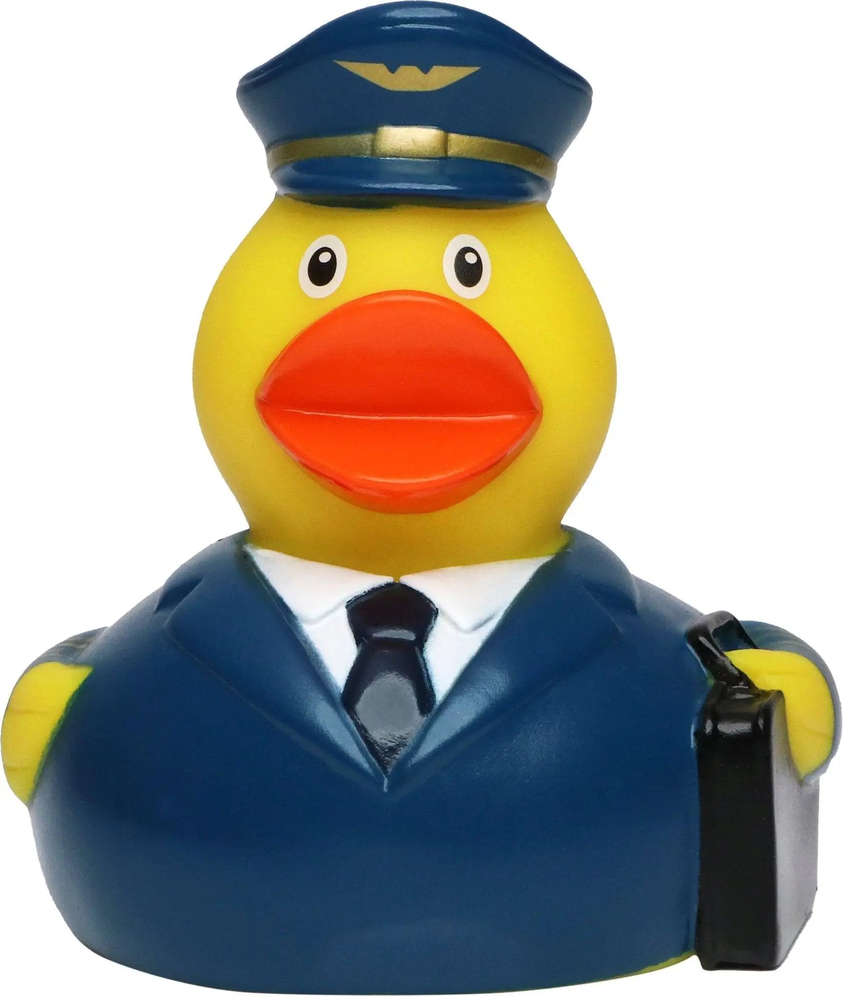 Gelbe badeente als pilot in blauem uniform mit goldkappe und schwarzer aktentasche pilot quietsche-ente