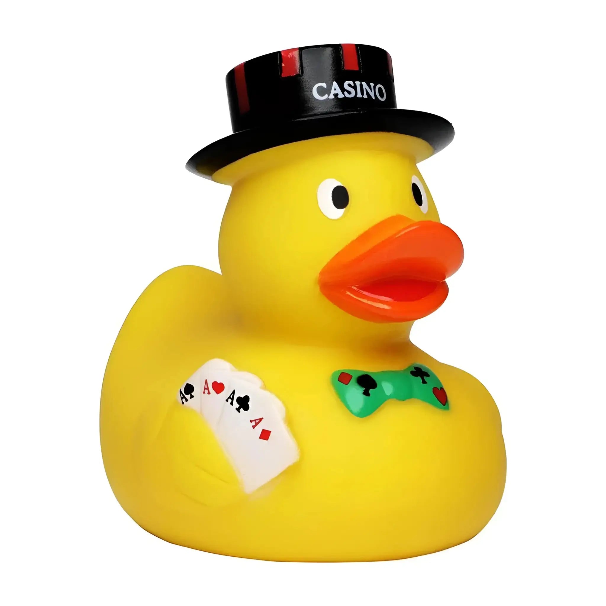 Gelbe poker quietsche-ente mit schwarzem zylinder und grünem schleifenband mit spielkartensymbolen
