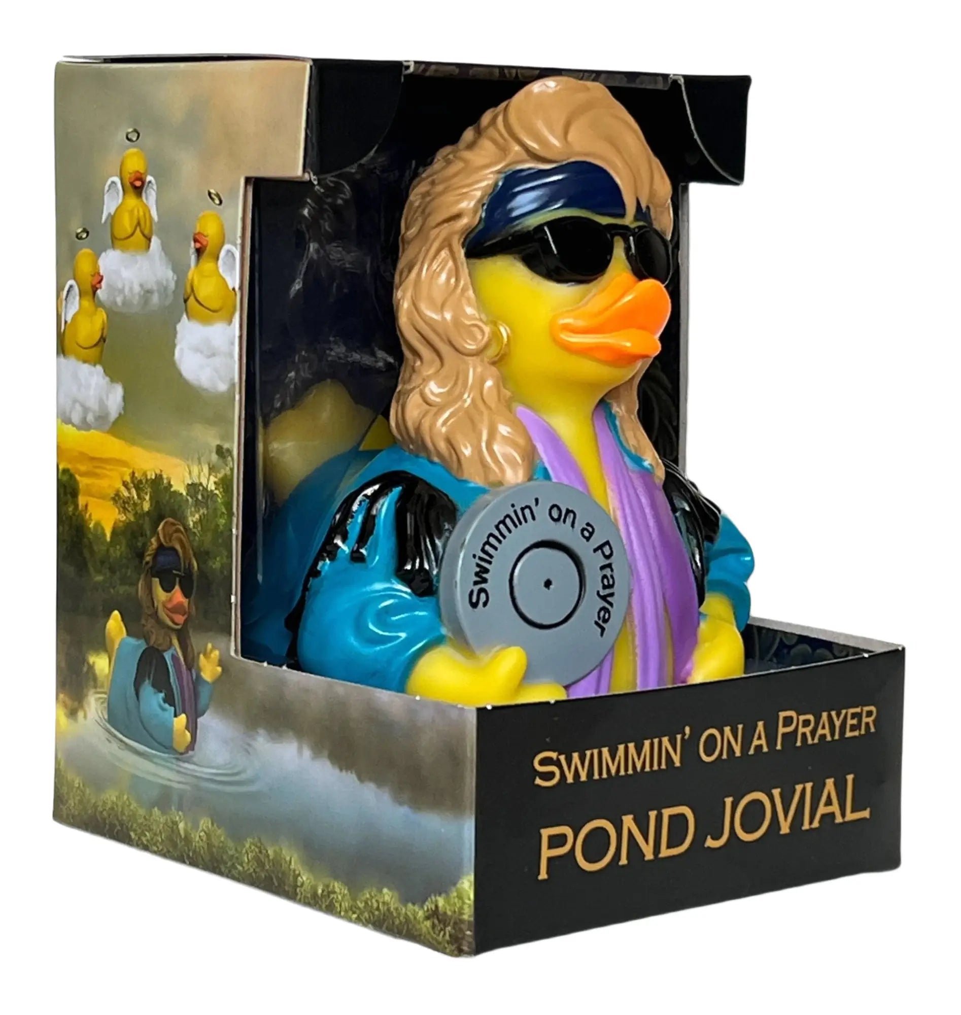 Eine gelbe gummiente mit blonden haaren und sonnenbrille hält eine silberne vinylplatte swimmin auf prayer von pond jovial