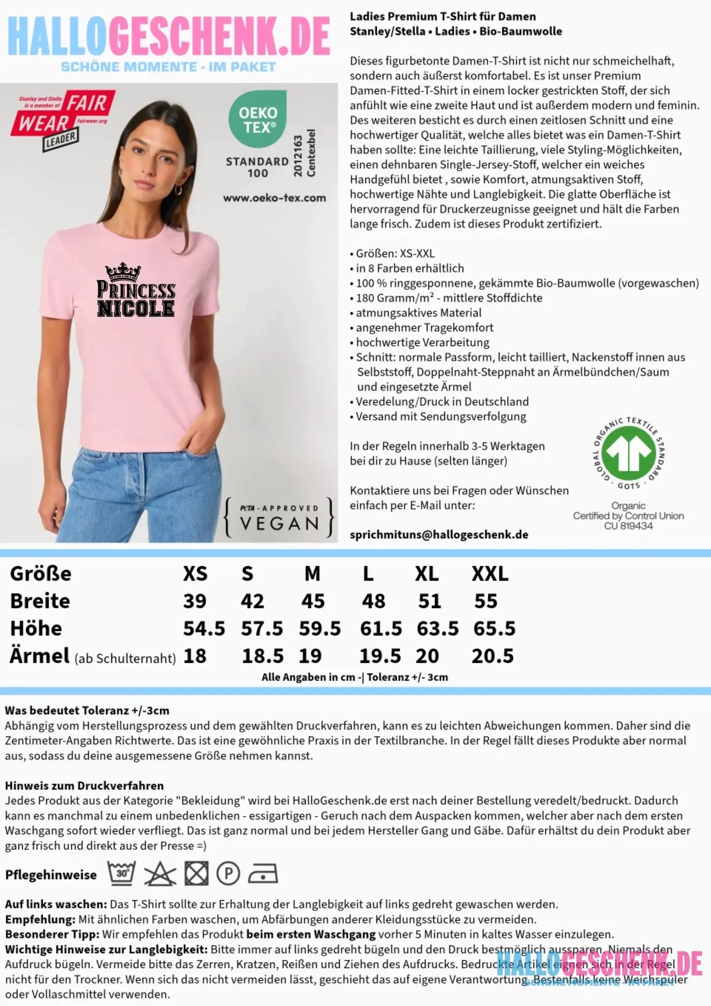 PRINCESS + WUNSCHNAME • Ladies Premium T-Shirt XS-2XL aus Bio-Baumwolle für Damen • Exklusivdesign • personalisiert