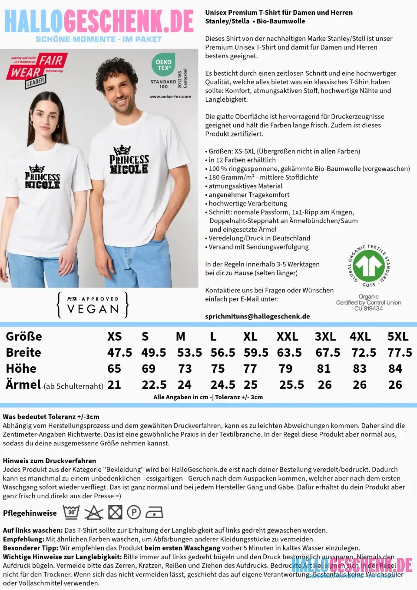 PRINCESS + WUNSCHNAME • Unisex Premium T-Shirt XS-5XL aus Bio-Baumwolle für Damen & Herren • Exklusivdesign • personalisiert