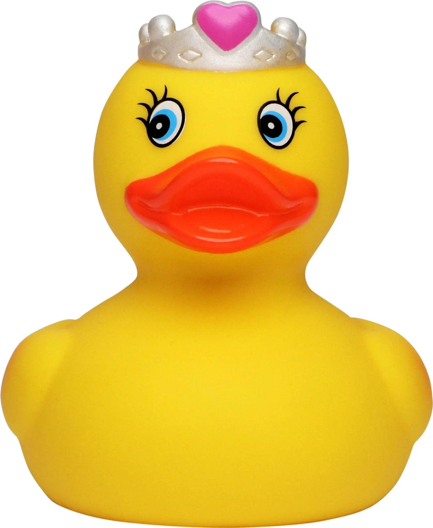 Princessin quietsche-ente gelb mit silberner krone und pinkem herz als badeente