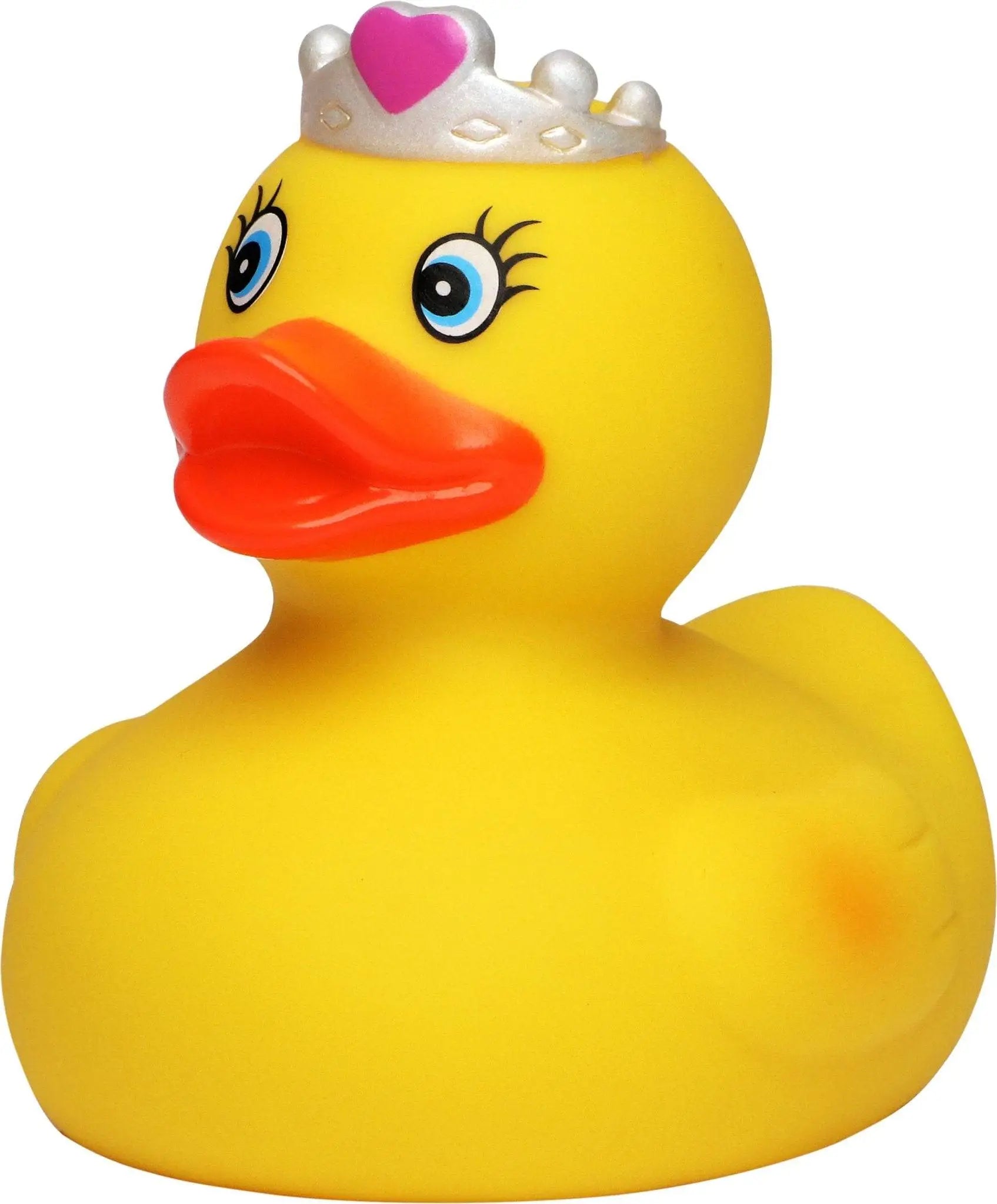 Eine gelbe badeente prinzessin mit blauen augen, rotem schnabel und silberner krone mit rosa herz