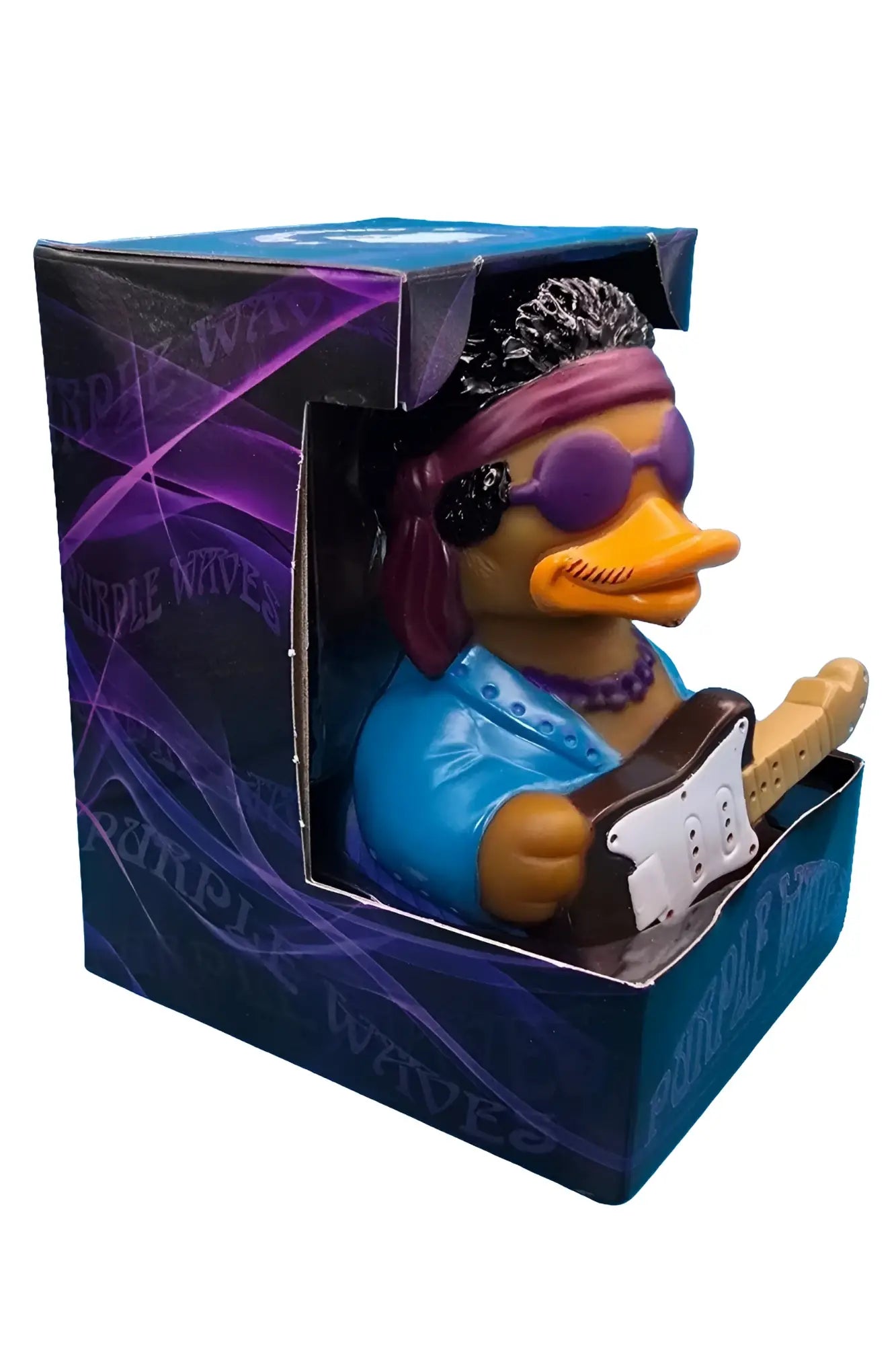Purple-waves gummiente mit sonnenbrille und bandana in blauer jacke hält e-gitarre von celebriducks