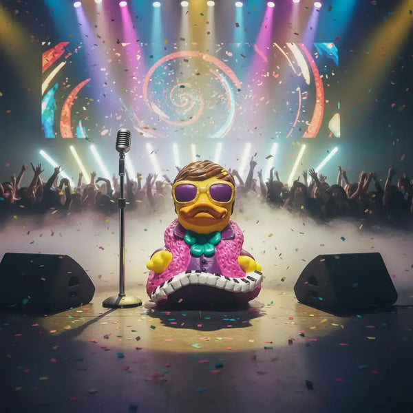 Eine gelbe gummiente als jazzmusiker mit lila sonnenbrille, rosa pelzjacke und mini-klavier von celebriducks