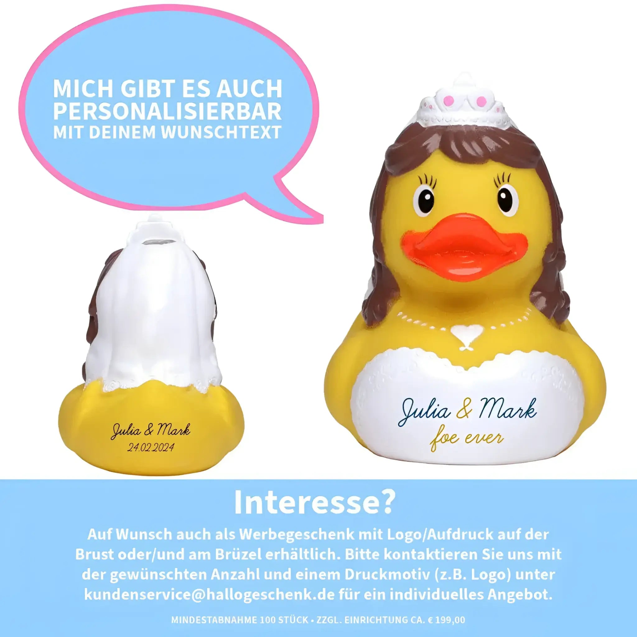 Gelbe quietsche-ente braut mit braunen haaren, weißer tiara und brautkleid personalisiert für julia & mark, hochzeit