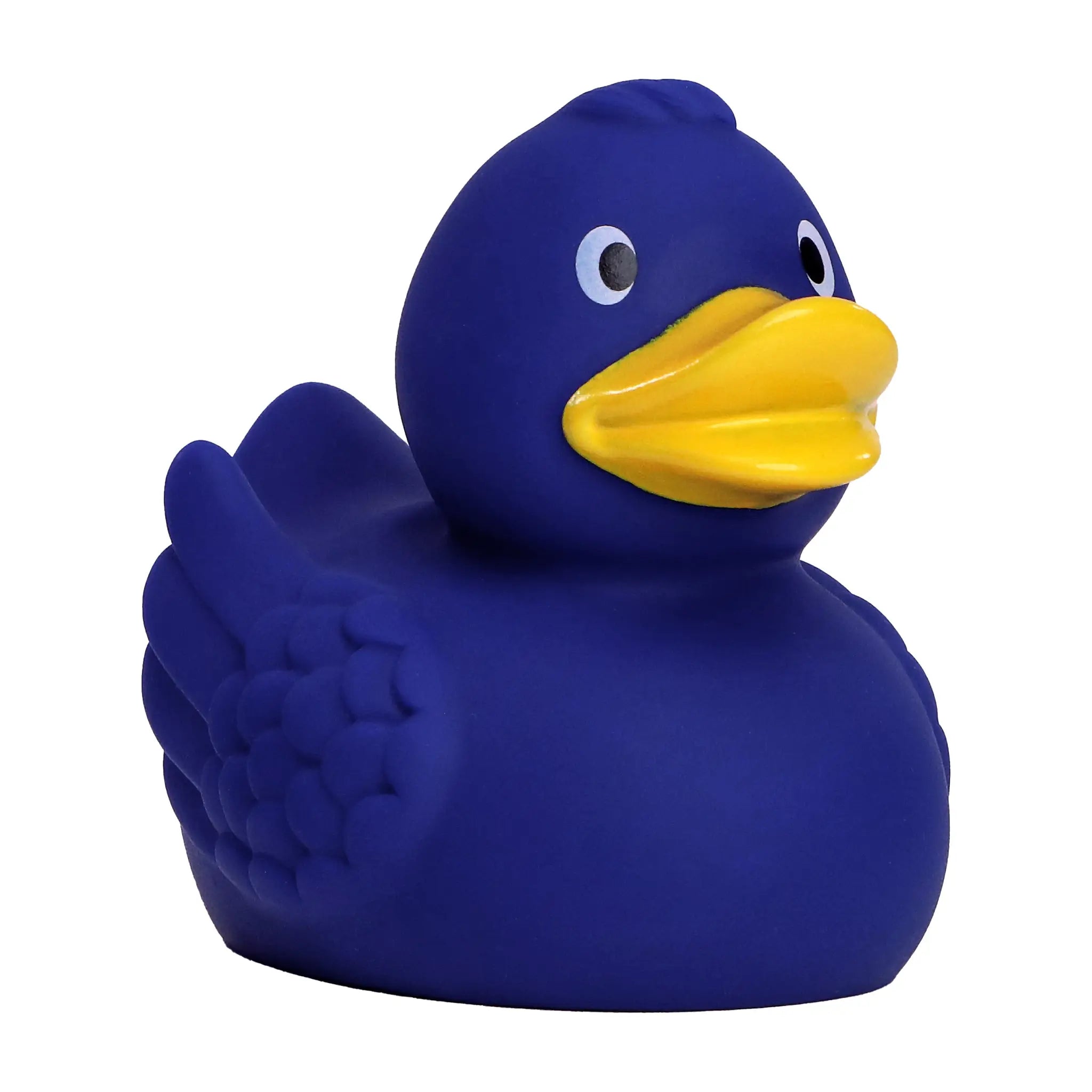 Eine lebendige royalblaue quietsche-ente wings mit gelbem schnabel und besonderer federoptik aus gummi