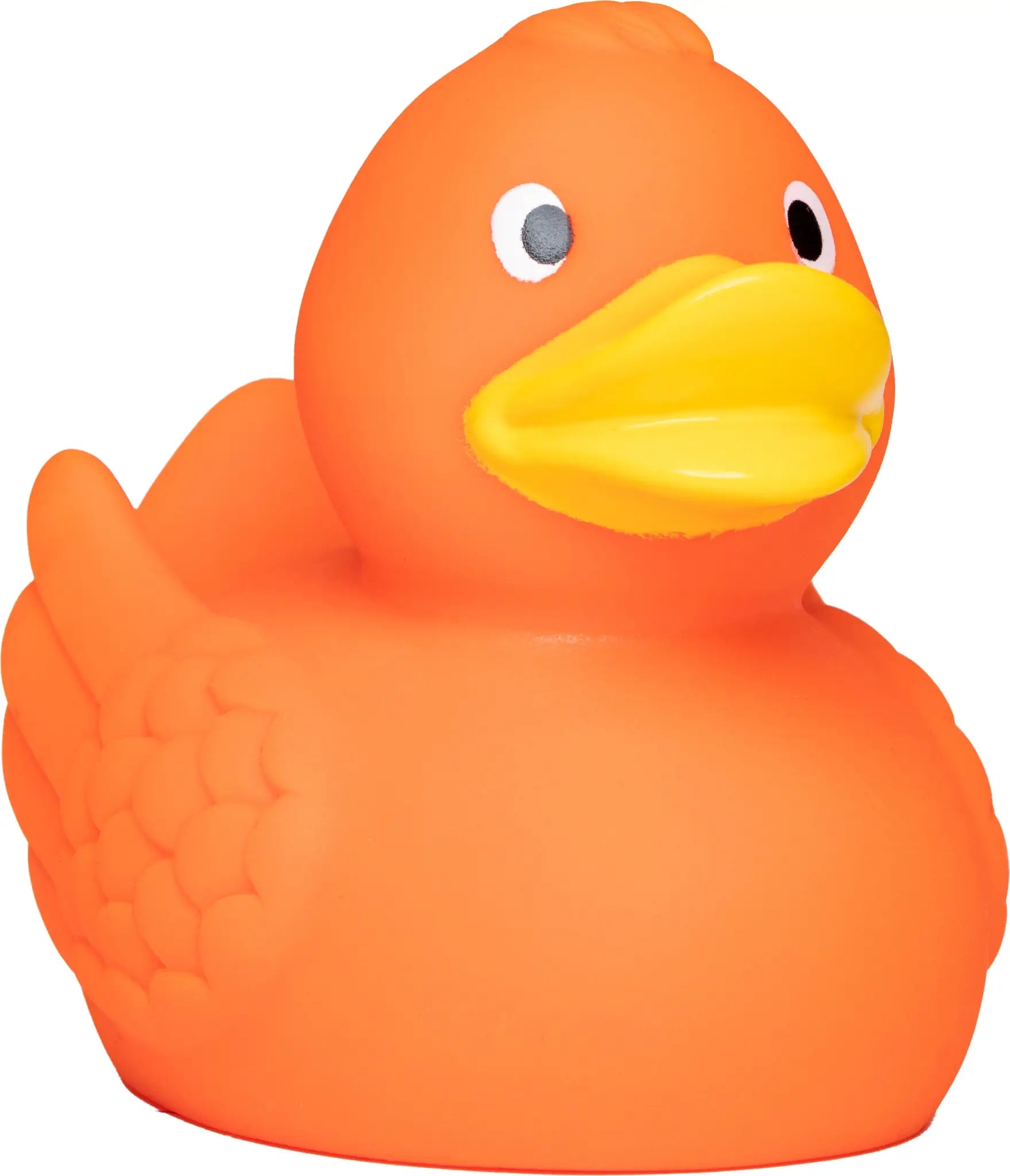 Orange quietsche-ente wings mit besonderer federoptik und gelbem schnabel aus gummi für badezeitspaß