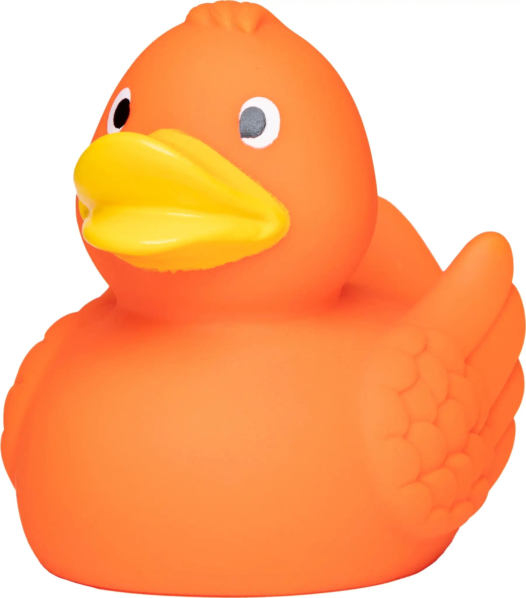 Orange quietsche-ente mit besonderer federoptik und gelbem schnabel für badspaß