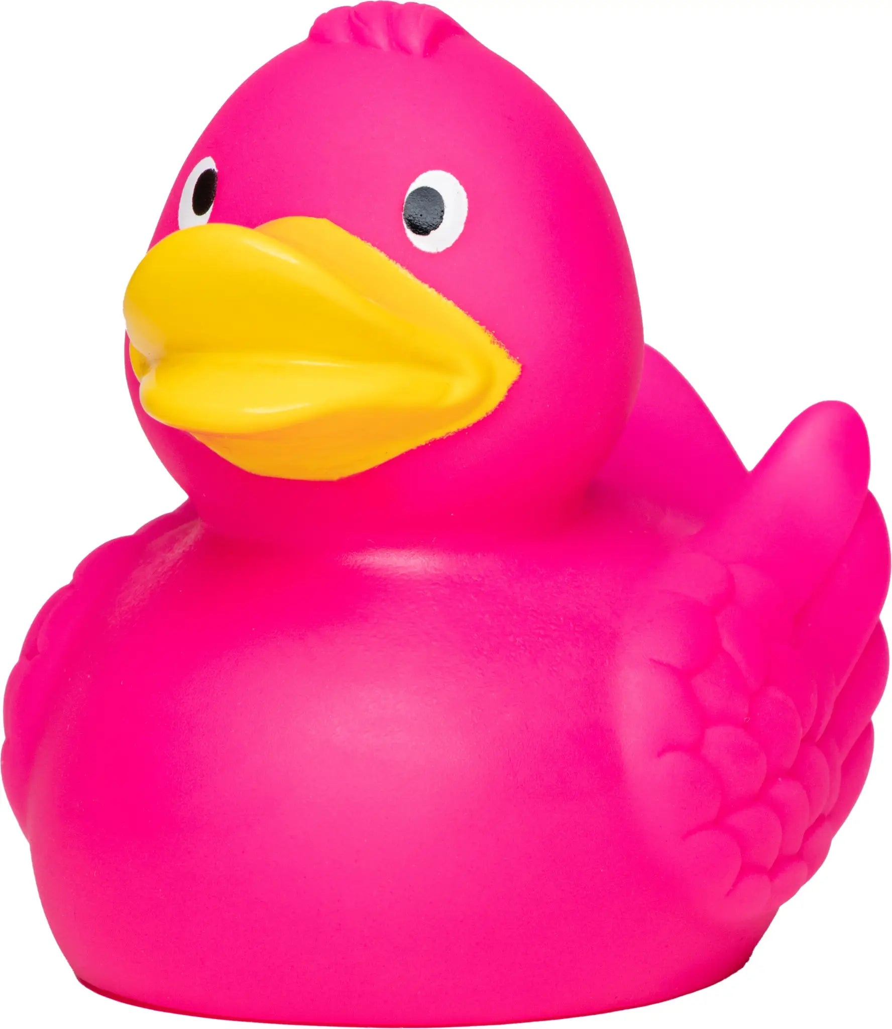 Eine quietsche-ente wings in pink mit besonderer federoptik und gelbem schnabel für badezeitspaß