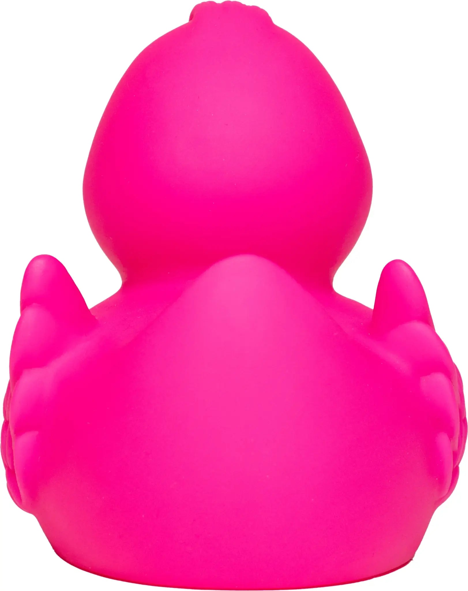 Eine pinke quietsche-ente wings mit besonderer federoptik und glänzendem, glattem kunststoff mit webfüßen