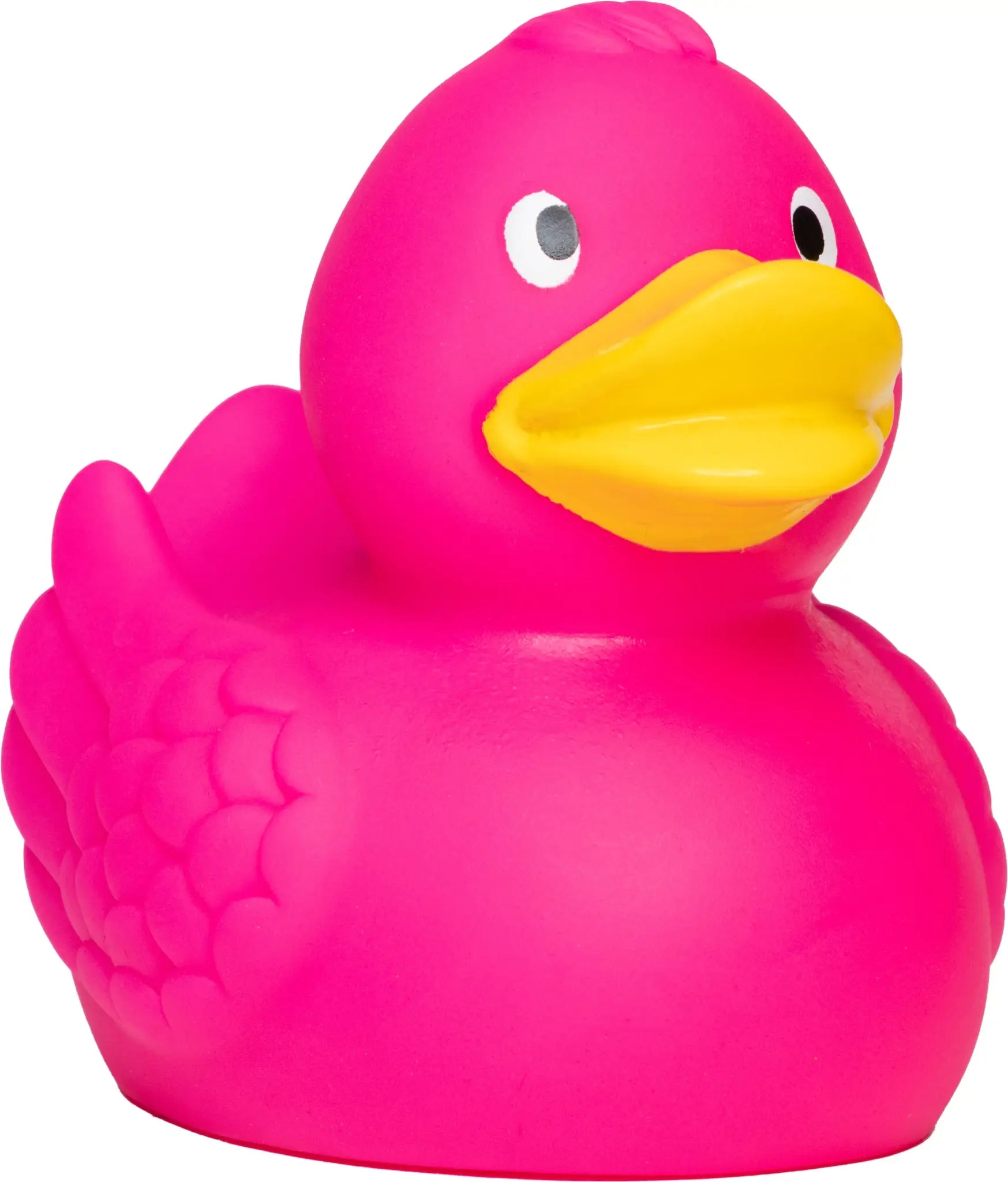 Bunte quietsche-ente wings in pink mit gelbem schnabel und texturierten federn für bad und spielspaß