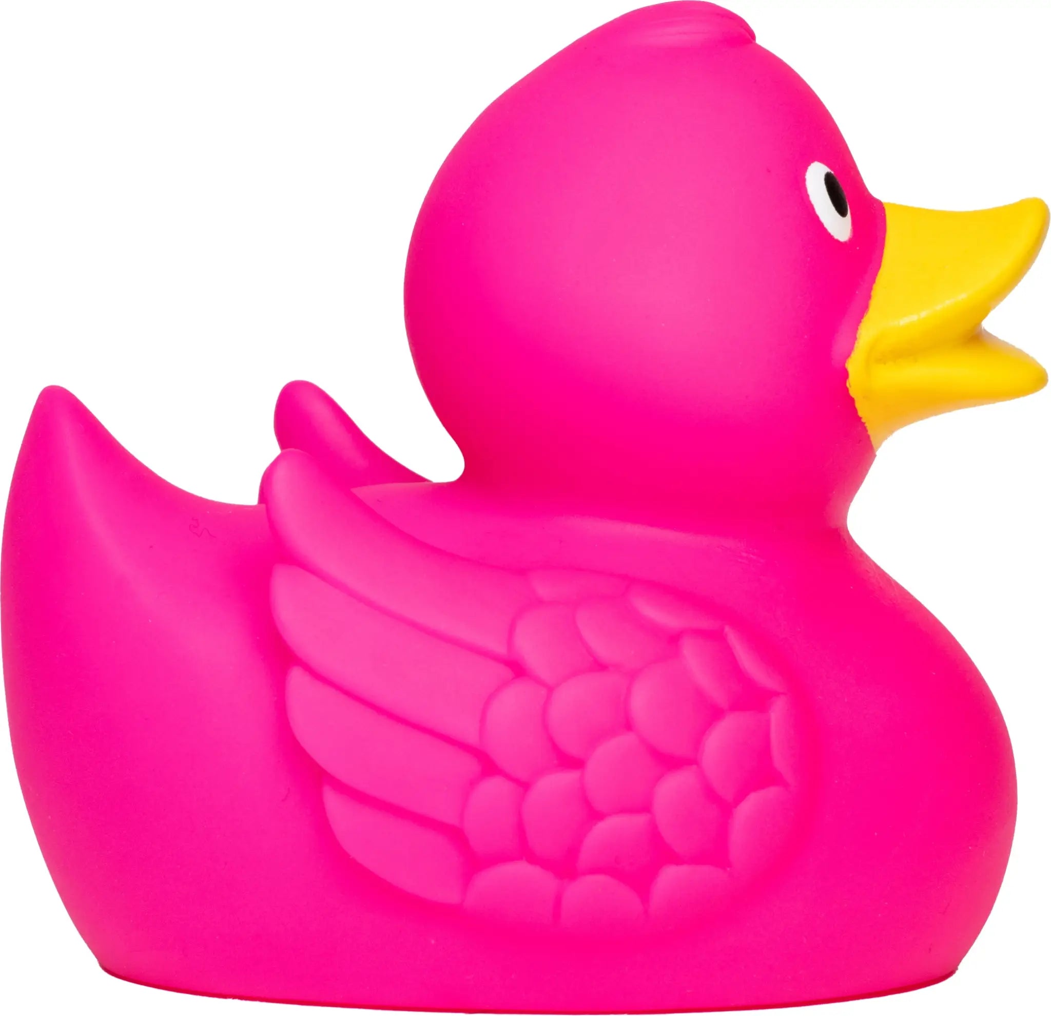 Eine quietsche-ente wings in pink mit besonderer federoptik und strukturierten flügeln aus gummi fürs bad