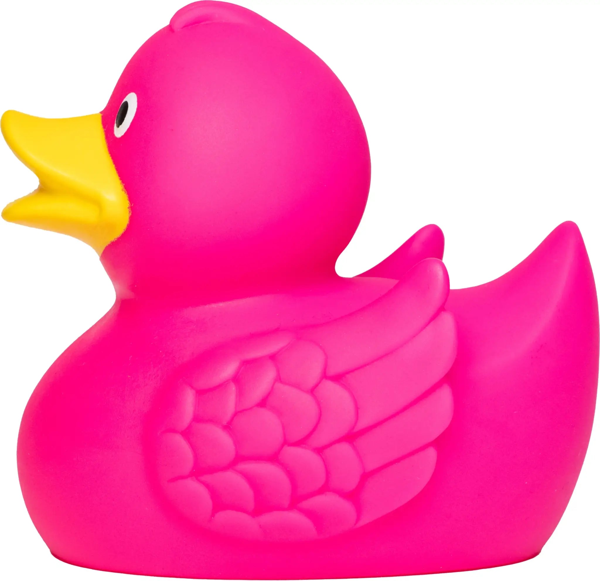 Eine quietsche-ente wings in pink mit gelbem schnabel und besonderer federoptik für badezeiten