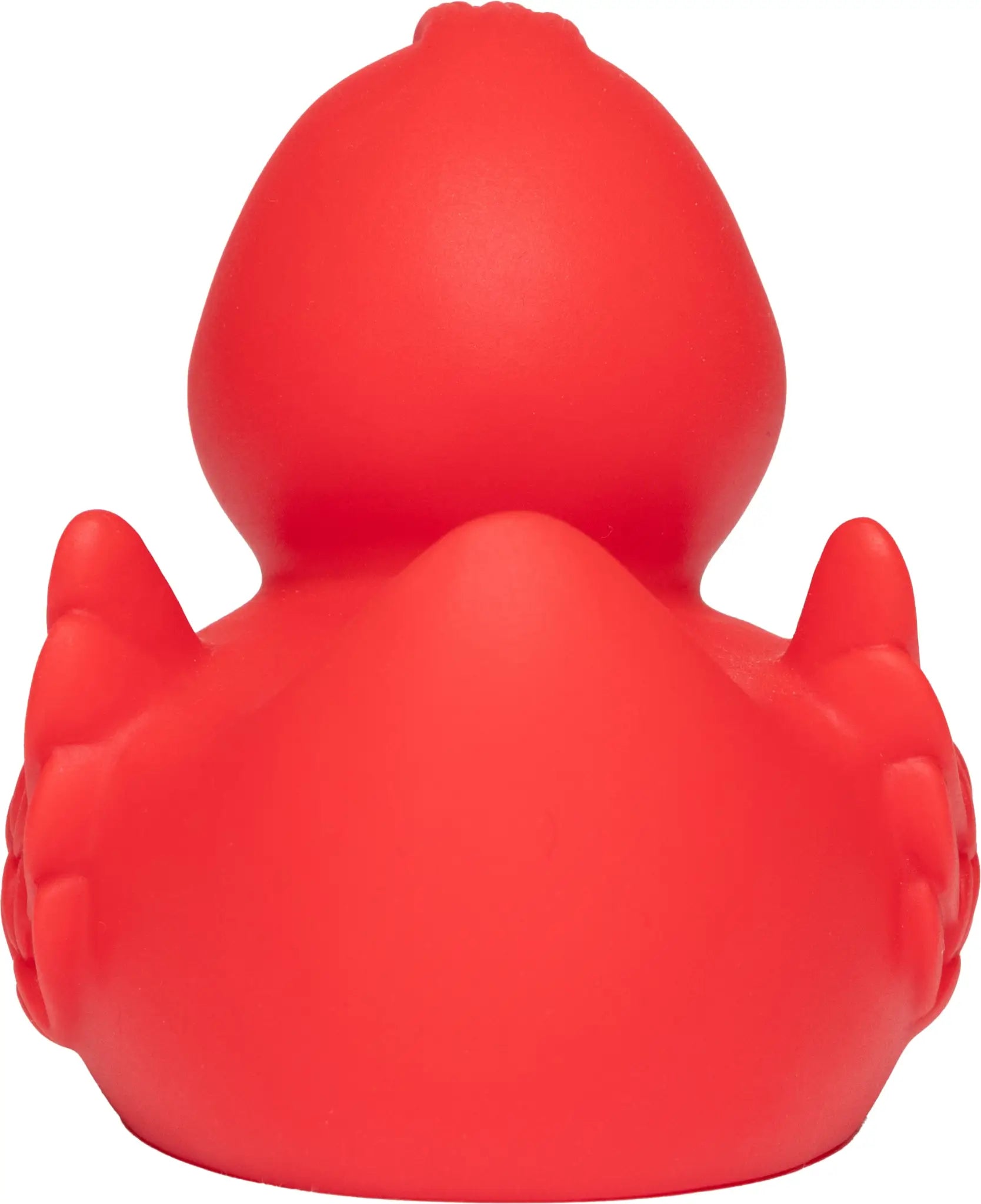 Eine quietsche-ente rot mit besonderer federoptik und glänzendem, glattem finish fürs bad spaß