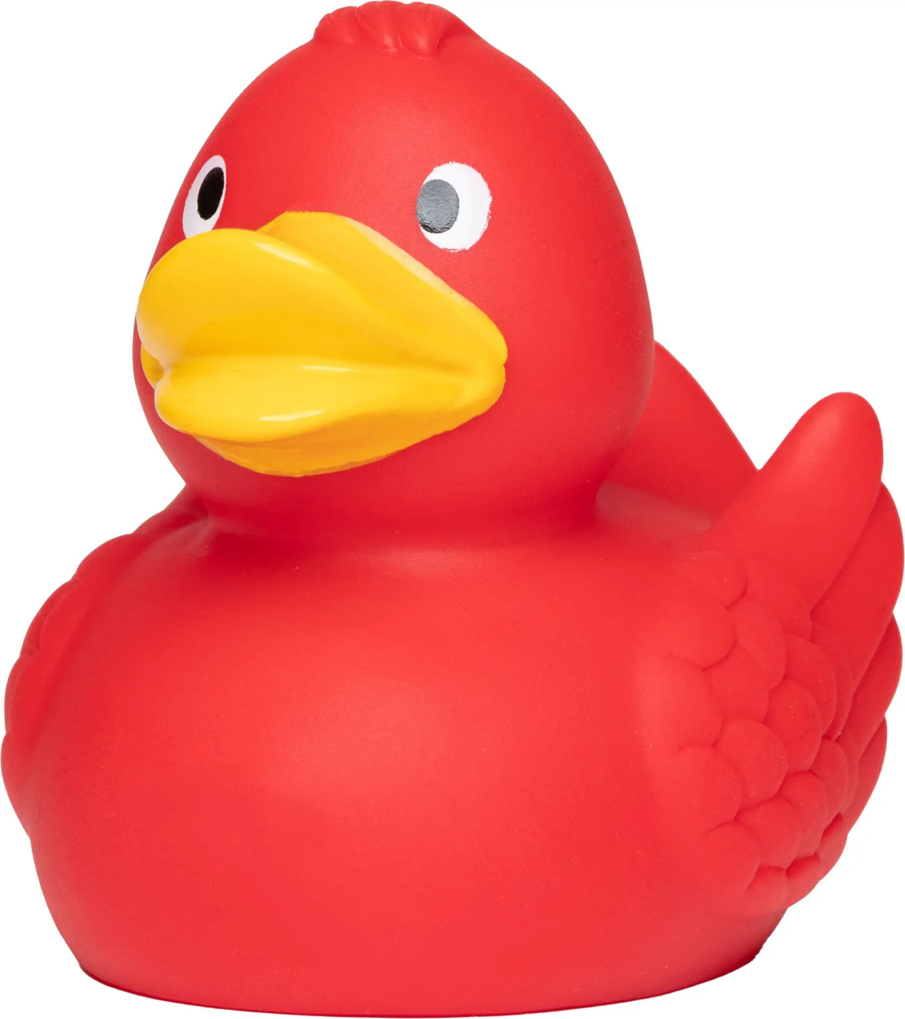 Bunte quietsche-ente wings in rot mit gelbem schnabel und weißen augen aus gummi mit federoptik für badezeit