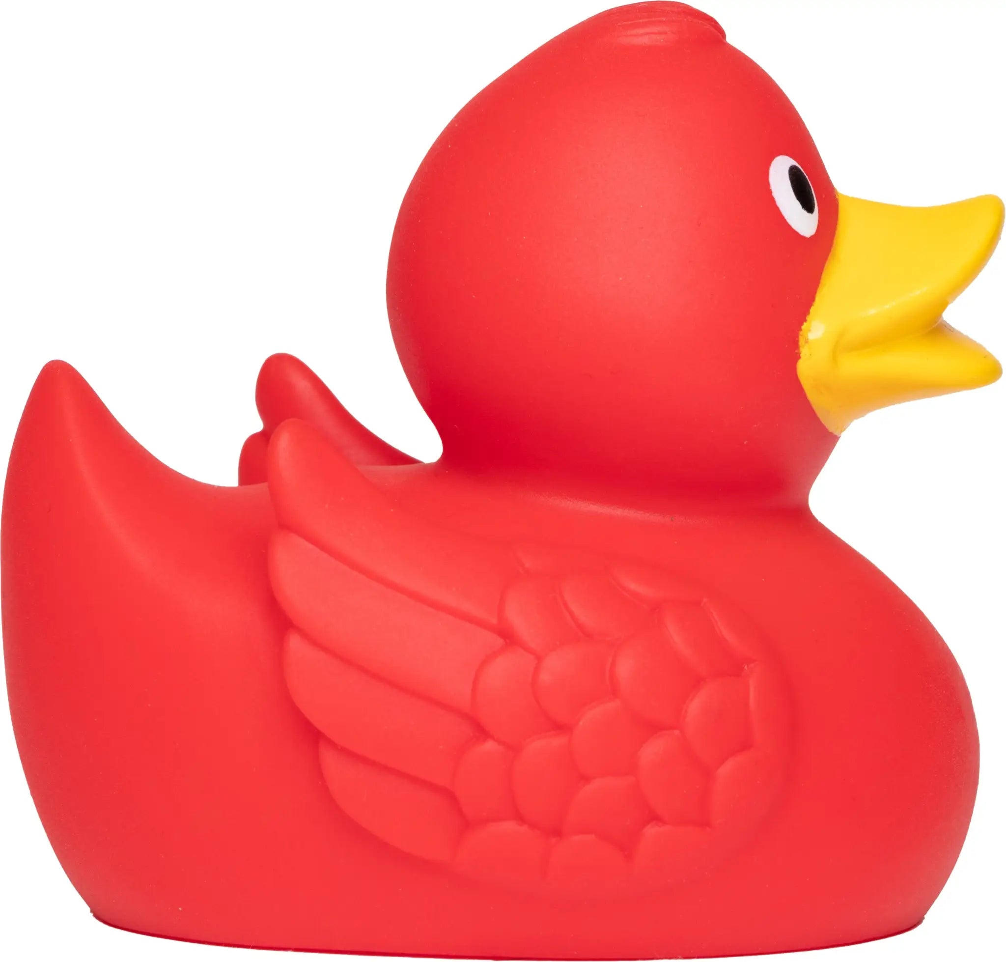 Leuchtend rote quietsche-ente wings mit gelbem schnabel und texturierten flügeln aus gummi für badezeitspaß