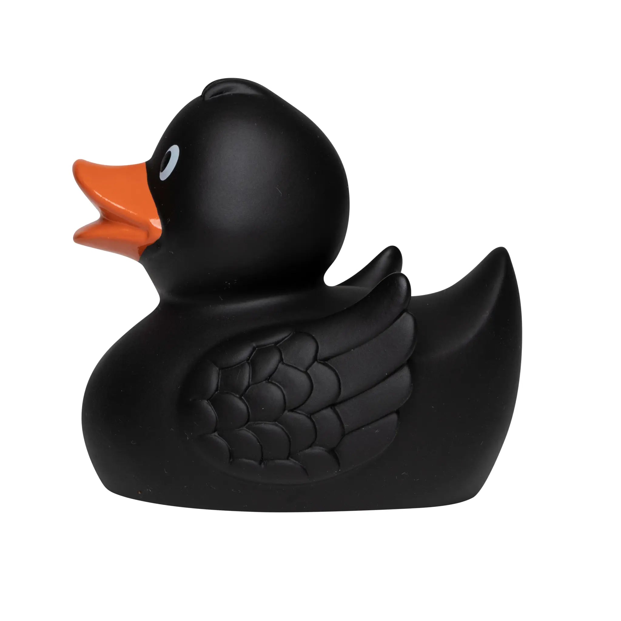 Eine schwarze quietsche-ente wings mit oranger schnabel und besonderer federoptik aus gummi