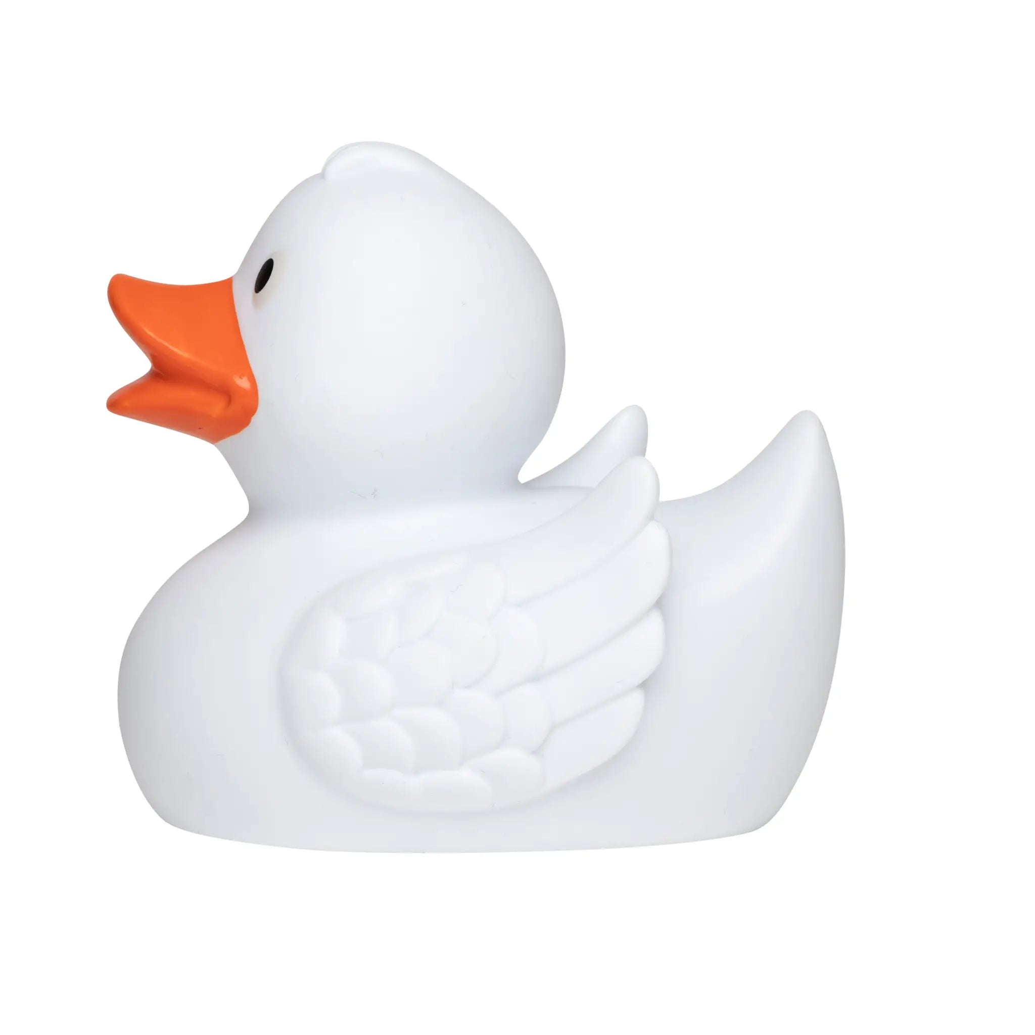 Weiße quietsche-ente wings mit orangem schnabel, schwarzem auge und geformten flügeln aus gummi für badezeitspaß