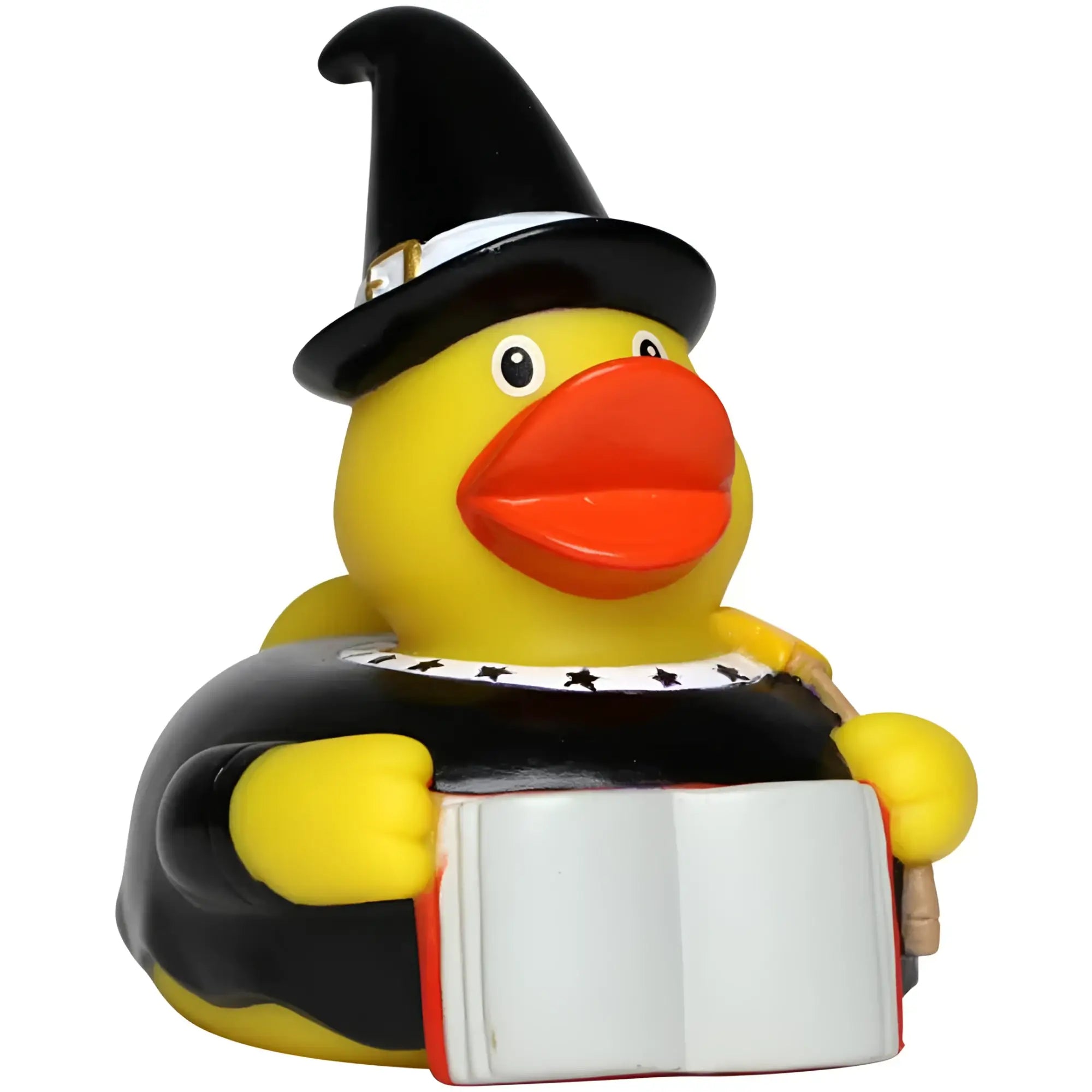 Gelbe quietsche-ente zauberer mit schwarzem hexenhut und offenem buch zum planschen mit quietschfunktion