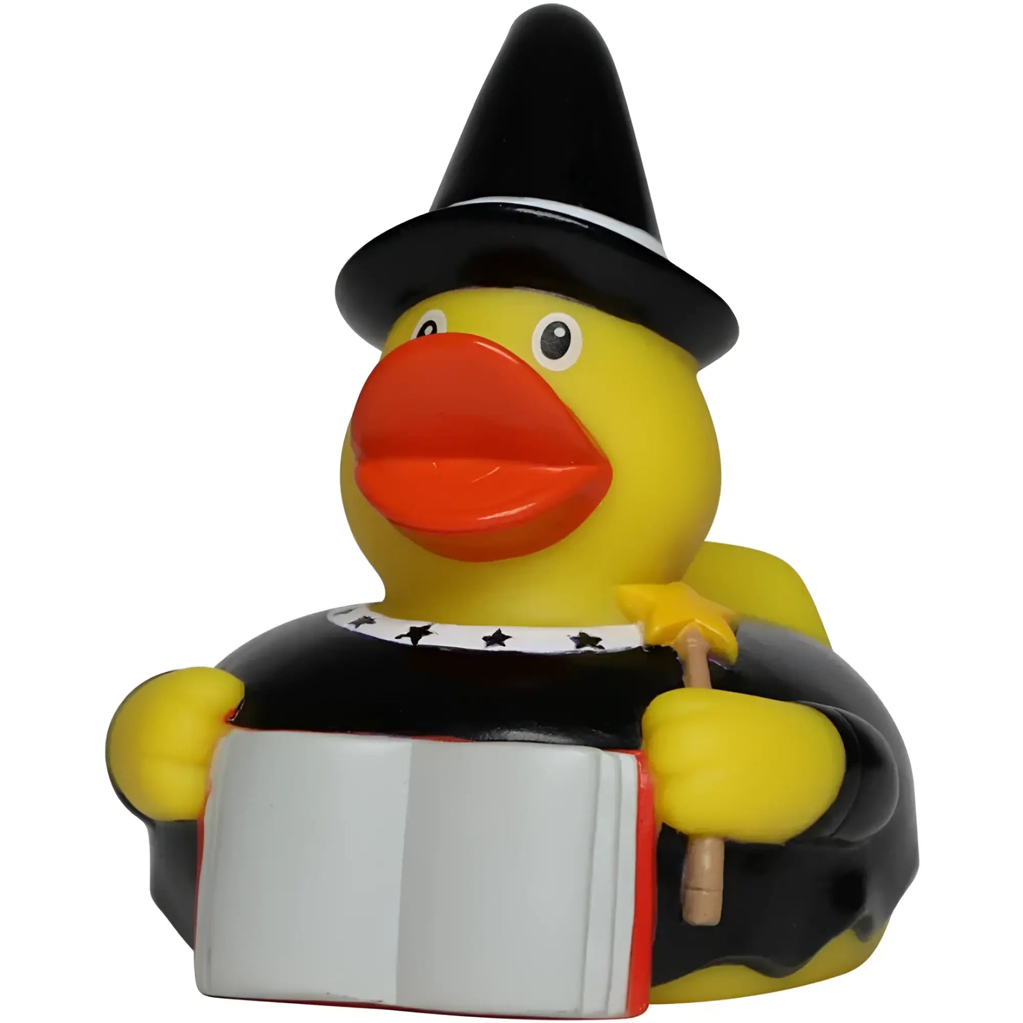 Gelbe quietsche-ente als zauberer mit schwarzem hut und robe hält zauberstab und buch badeente mit quietschfunktion