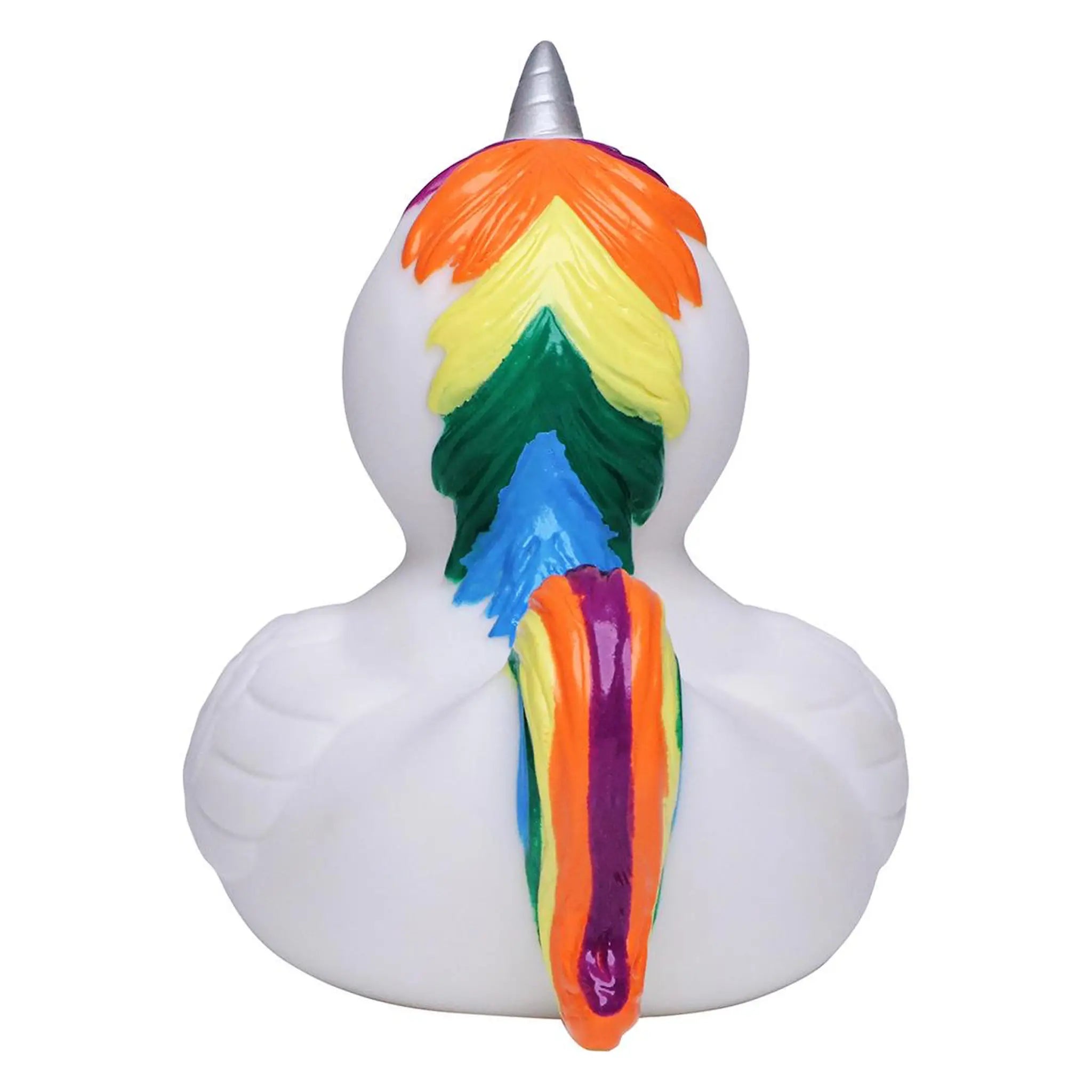 Eine weiße quietsche-ente mit silberhorn und regenbogenmähne regenbogen einhorn bunt badeente