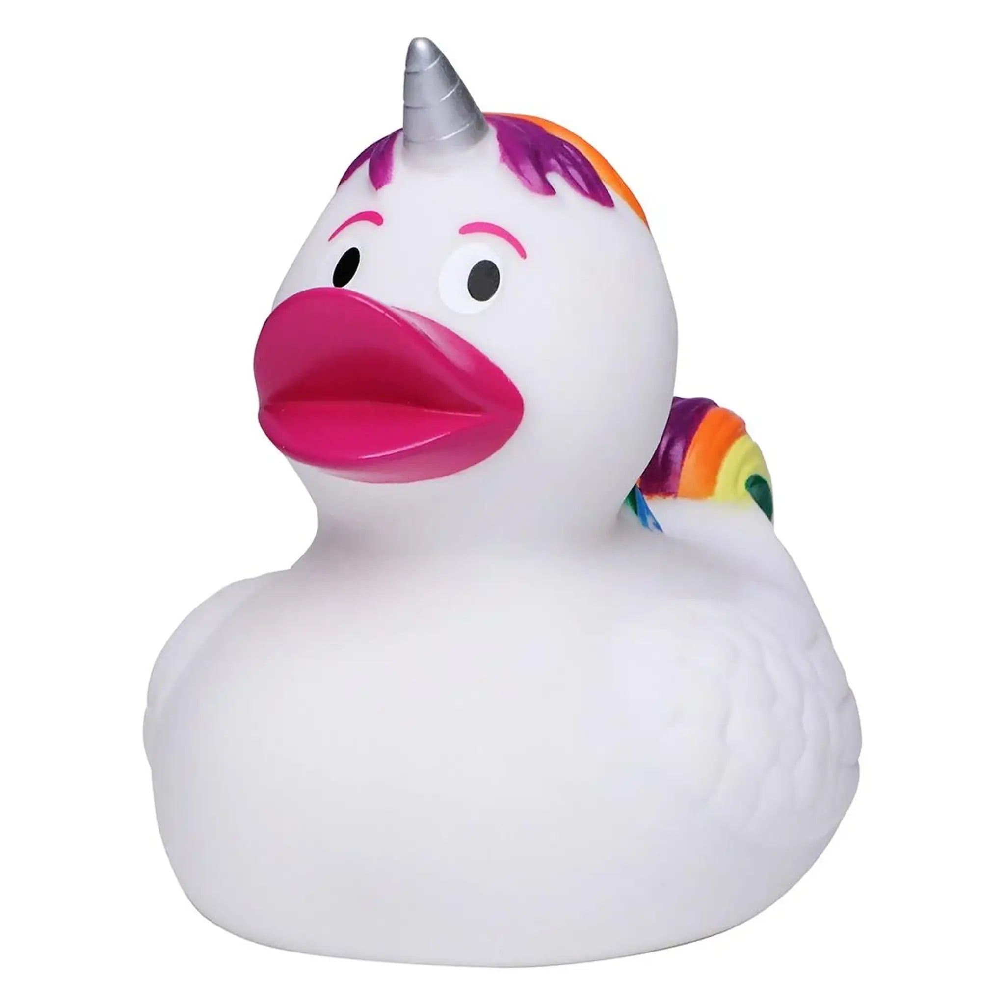 Weiße quietsche-ente mit silbernem horn rosa schnabel lila regenbogenmähne regenbogen einhorn bunt badeente